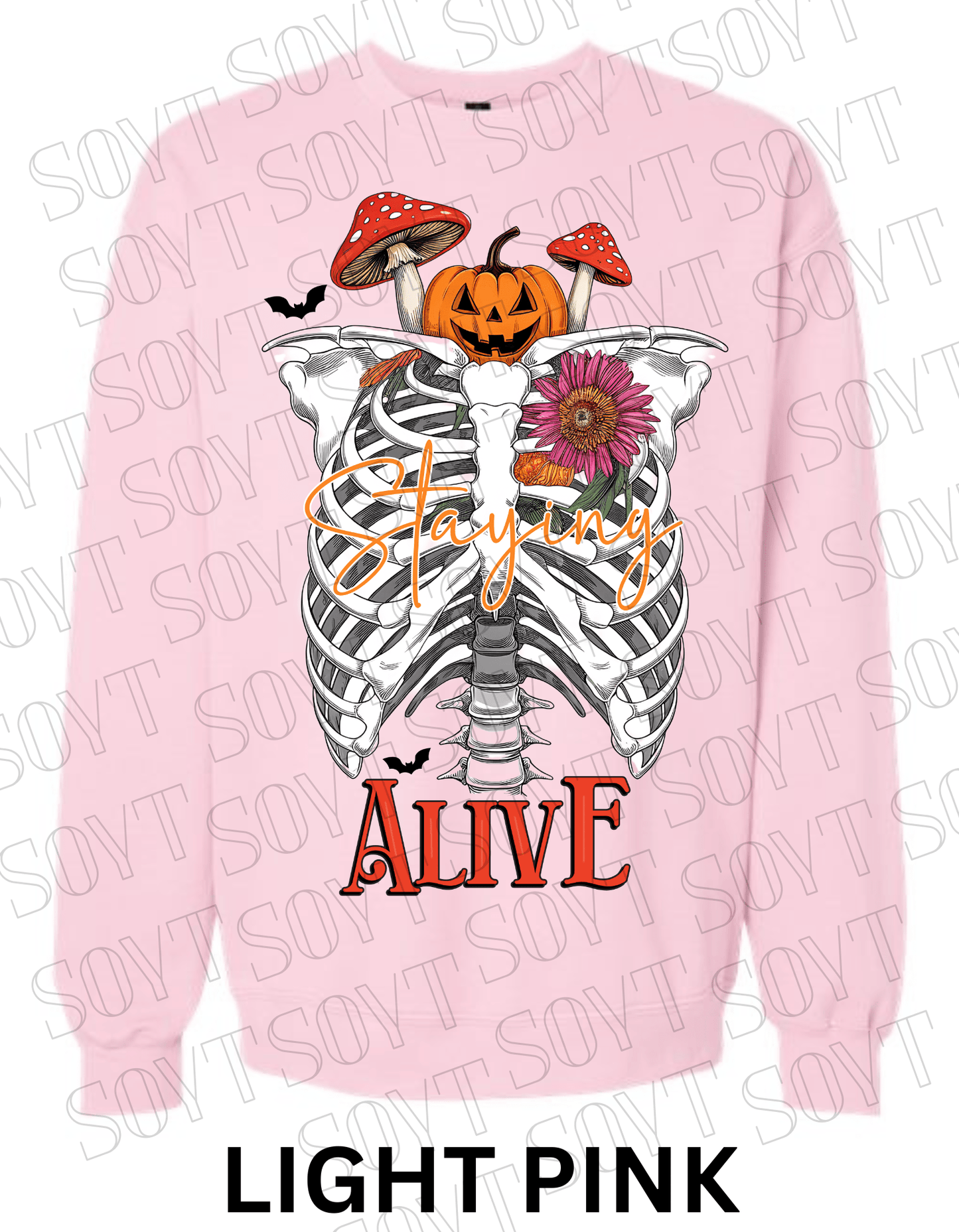 "Staying Alive" Halloween Sweatshirt – Skeleton Rib Cage with Pumpkin, Floral & Mushroom Graphic - Festive Apparel StoreLight Pink