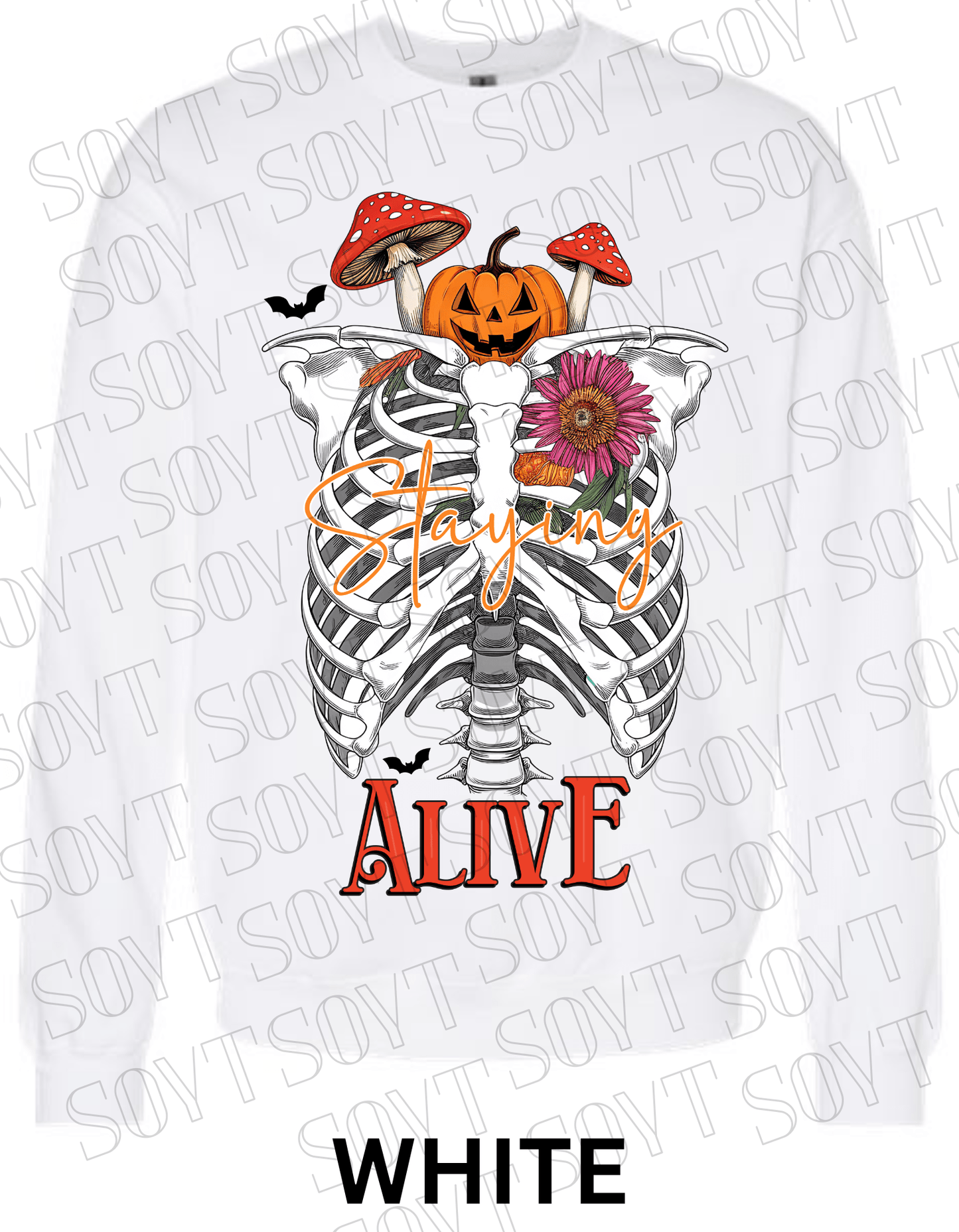 "Staying Alive" Halloween Sweatshirt – Skeleton Rib Cage with Pumpkin, Floral & Mushroom Graphic - Festive Apparel StoreWhite