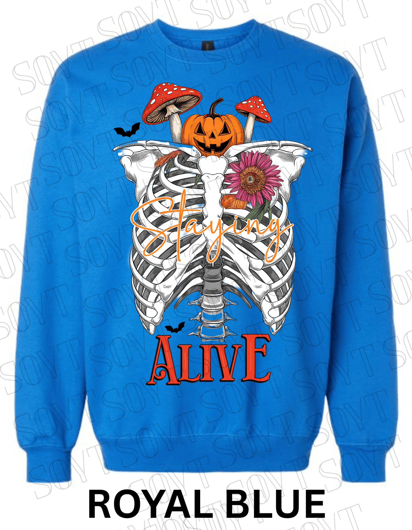 "Staying Alive" Halloween Sweatshirt – Skeleton Rib Cage with Pumpkin, Floral & Mushroom Graphic - Festive Apparel StoreRoyal Blue