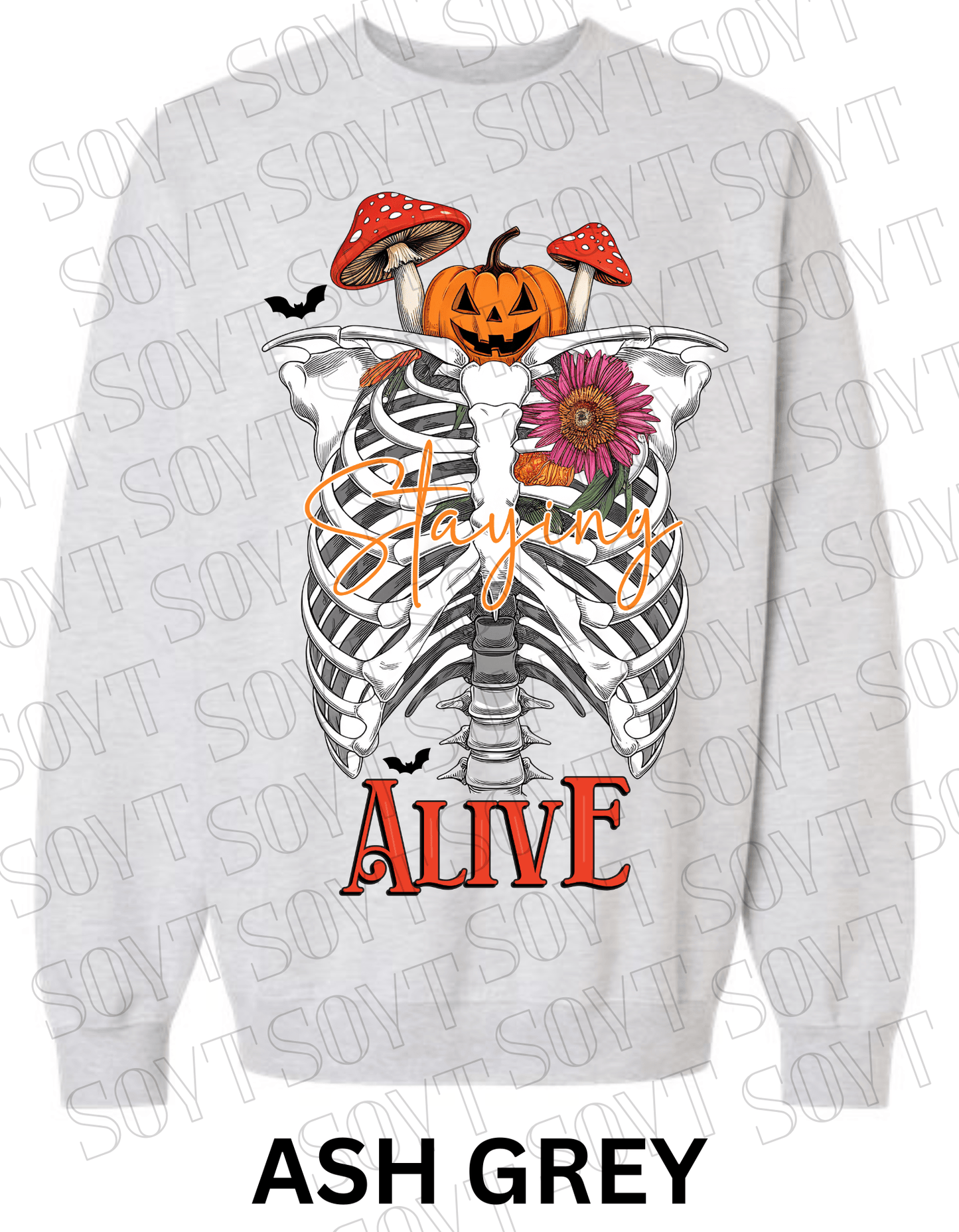 "Staying Alive" Halloween Sweatshirt – Skeleton Rib Cage with Pumpkin, Floral & Mushroom Graphic - Festive Apparel StoreAsh Grey