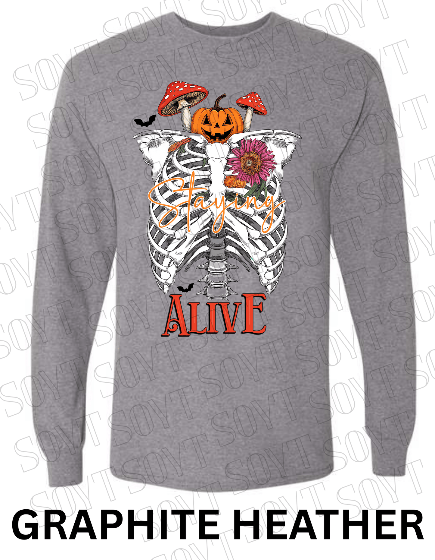 "Staying Alive" Long Sleeve Shirt – Skeleton Rib Cage with Pumpkin, Mushroom & Floral Halloween Graphic - Festive Apparel StoreGraphite Heather