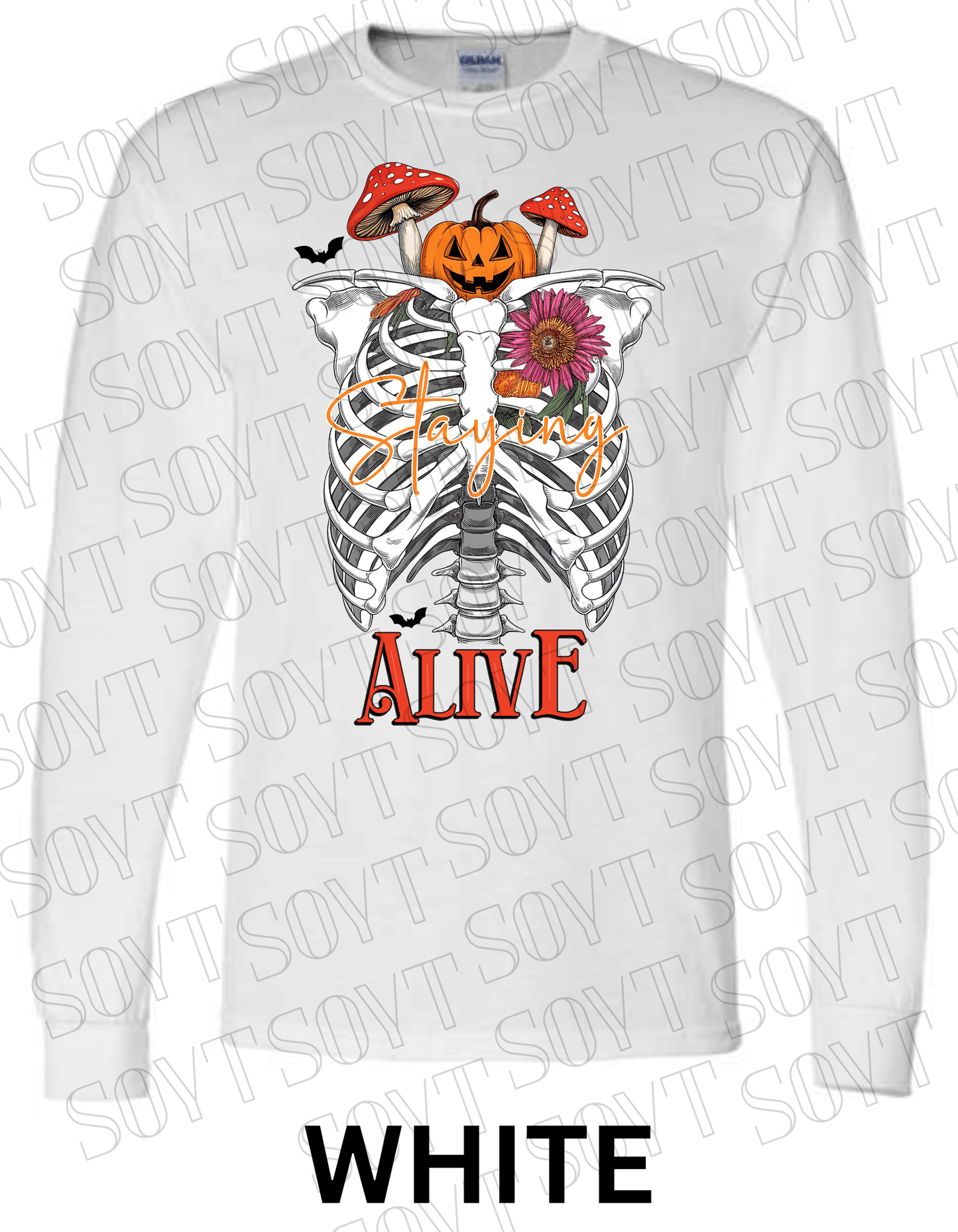 "Staying Alive" Long Sleeve Shirt – Skeleton Rib Cage with Pumpkin, Mushroom & Floral Halloween Graphic - Festive Apparel StoreWhite