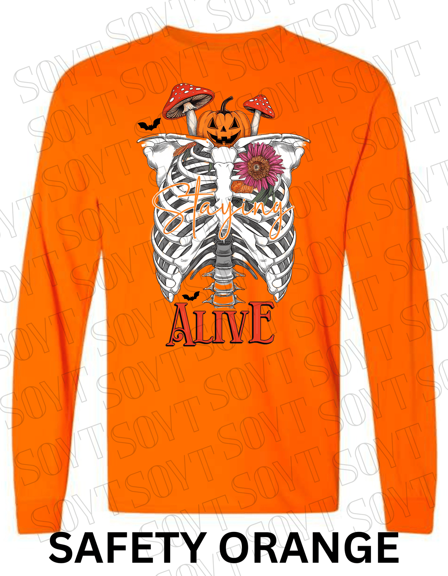 "Staying Alive" Long Sleeve Shirt – Skeleton Rib Cage with Pumpkin, Mushroom & Floral Halloween Graphic - Festive Apparel StoreSafety Orange