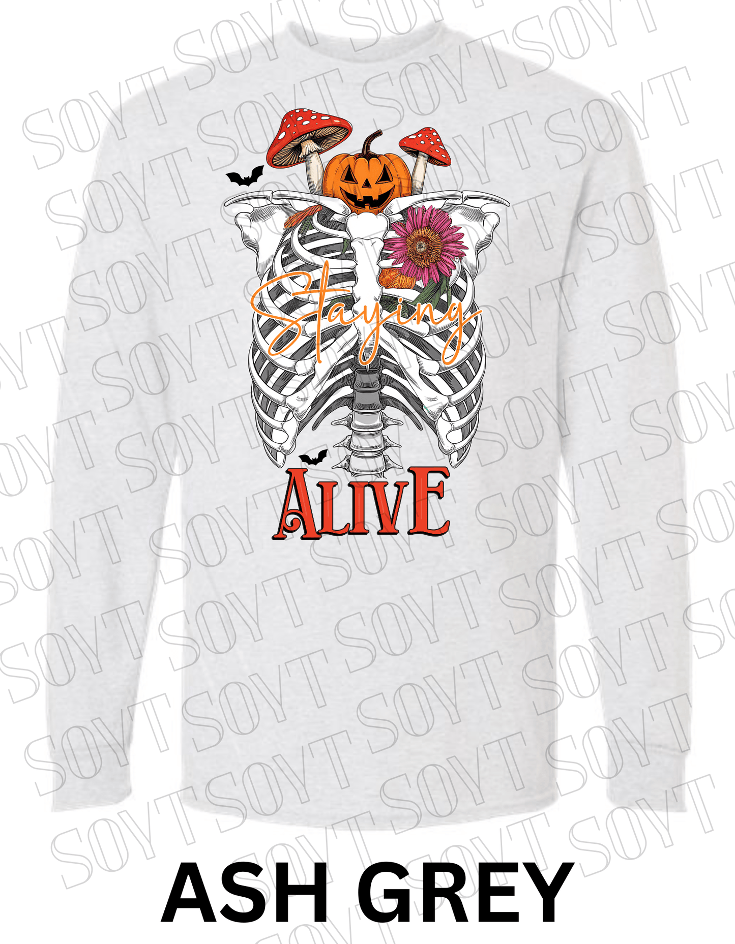 "Staying Alive" Long Sleeve Shirt – Skeleton Rib Cage with Pumpkin, Mushroom & Floral Halloween Graphic - Festive Apparel StoreAsh Gray