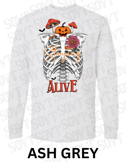 "Staying Alive" Long Sleeve Shirt – Skeleton Rib Cage with Pumpkin, Mushroom & Floral Halloween Graphic - Festive Apparel StoreAsh Gray