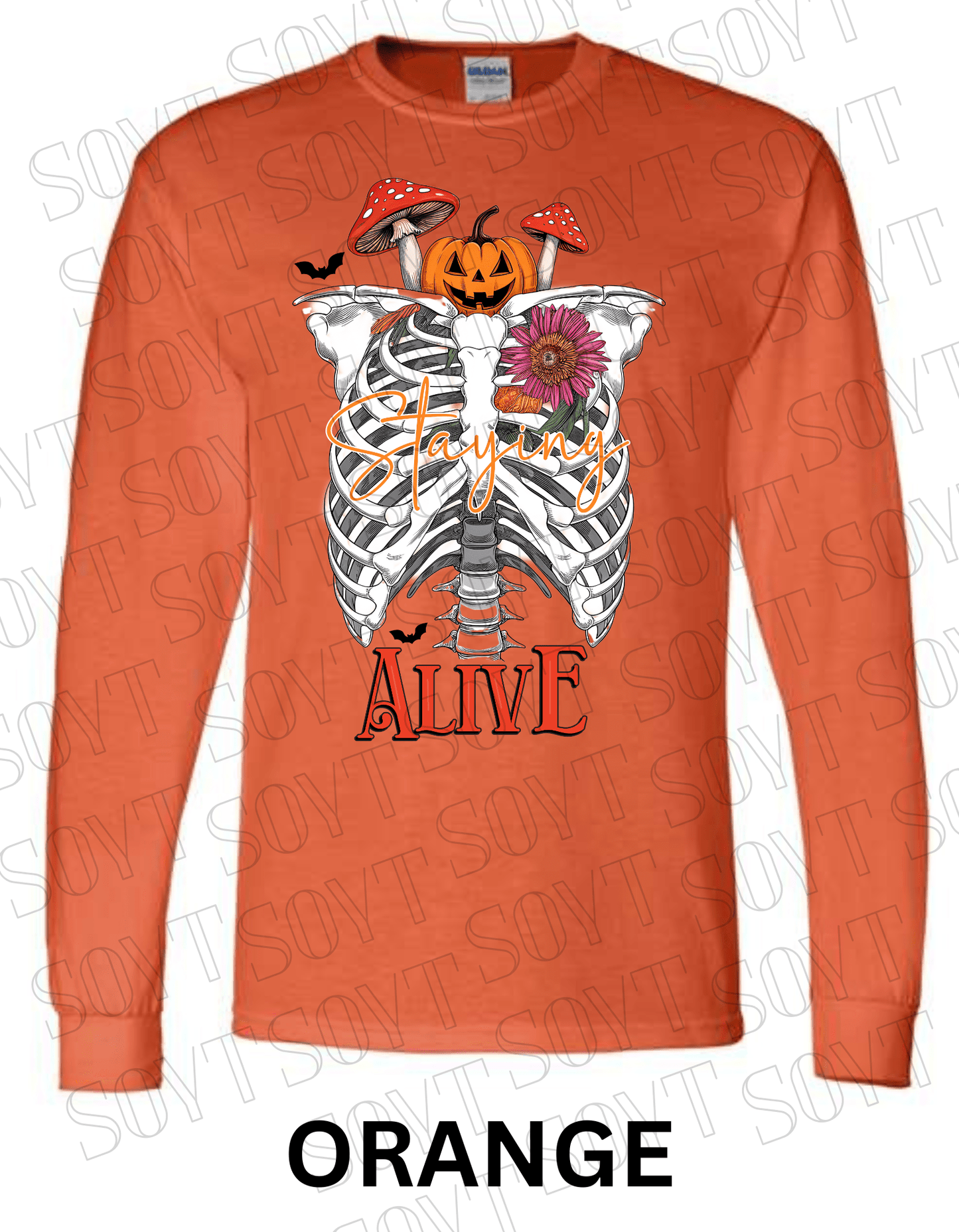 "Staying Alive" Long Sleeve Shirt – Skeleton Rib Cage with Pumpkin, Mushroom & Floral Halloween Graphic - Festive Apparel StoreOrange