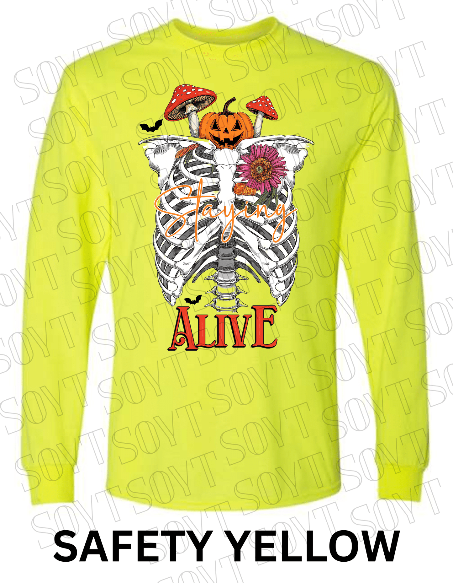 "Staying Alive" Long Sleeve Shirt – Skeleton Rib Cage with Pumpkin, Mushroom & Floral Halloween Graphic - Festive Apparel StoreSafety Yellow