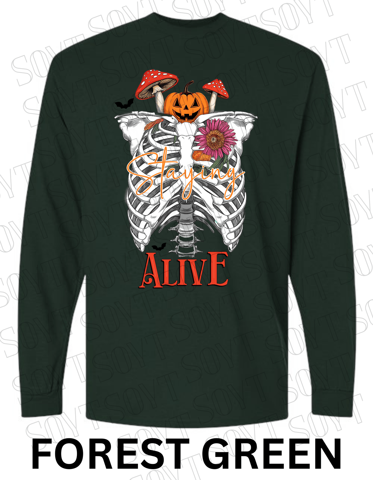 "Staying Alive" Long Sleeve Shirt – Skeleton Rib Cage with Pumpkin, Mushroom & Floral Halloween Graphic - Festive Apparel StoreForest Green