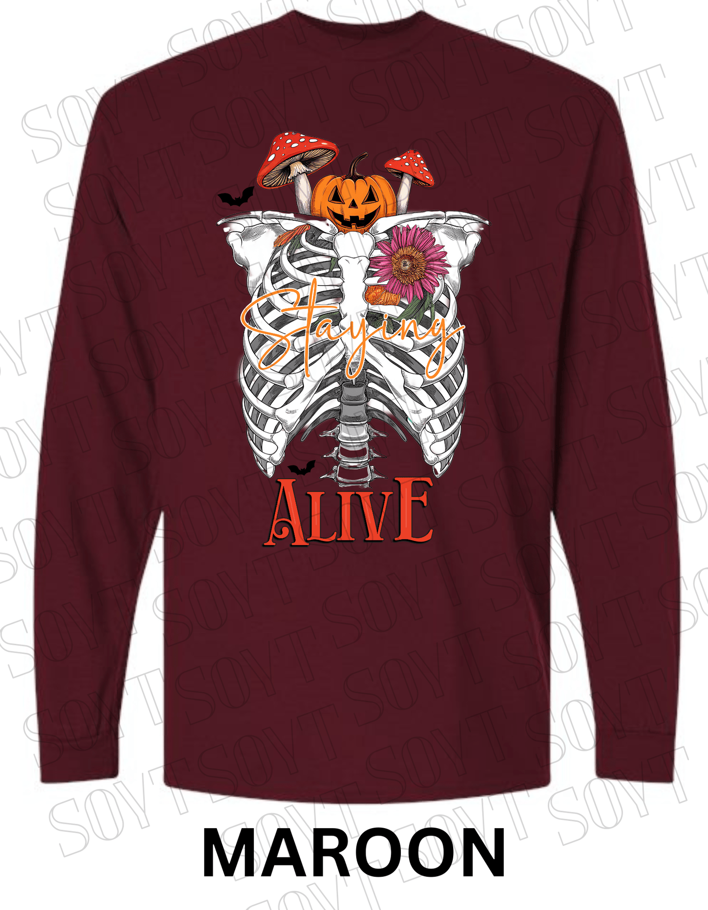 "Staying Alive" Long Sleeve Shirt – Skeleton Rib Cage with Pumpkin, Mushroom & Floral Halloween Graphic - Festive Apparel StoreMaroon