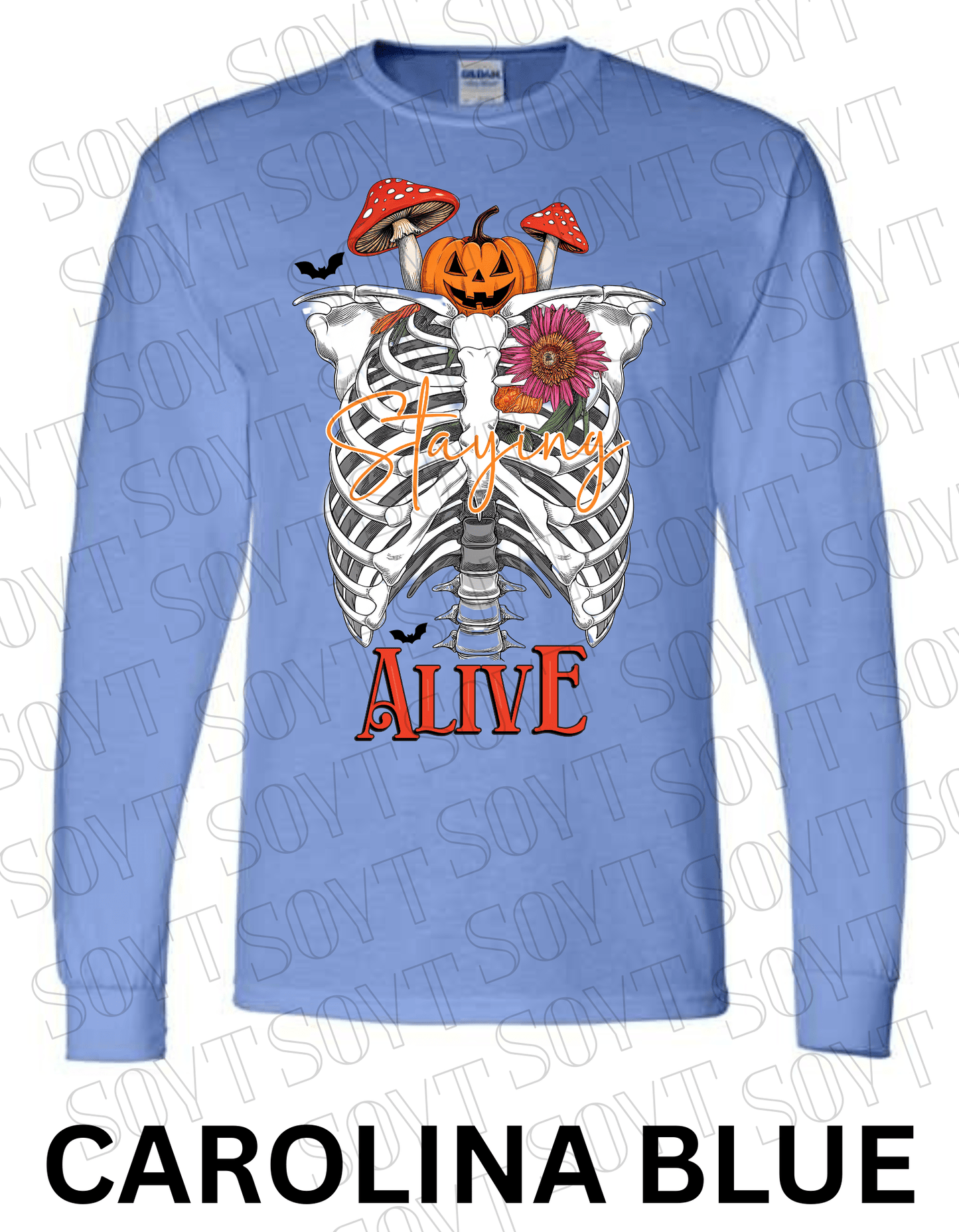 "Staying Alive" Long Sleeve Shirt – Skeleton Rib Cage with Pumpkin, Mushroom & Floral Halloween Graphic - Festive Apparel StoreCarolina Blue