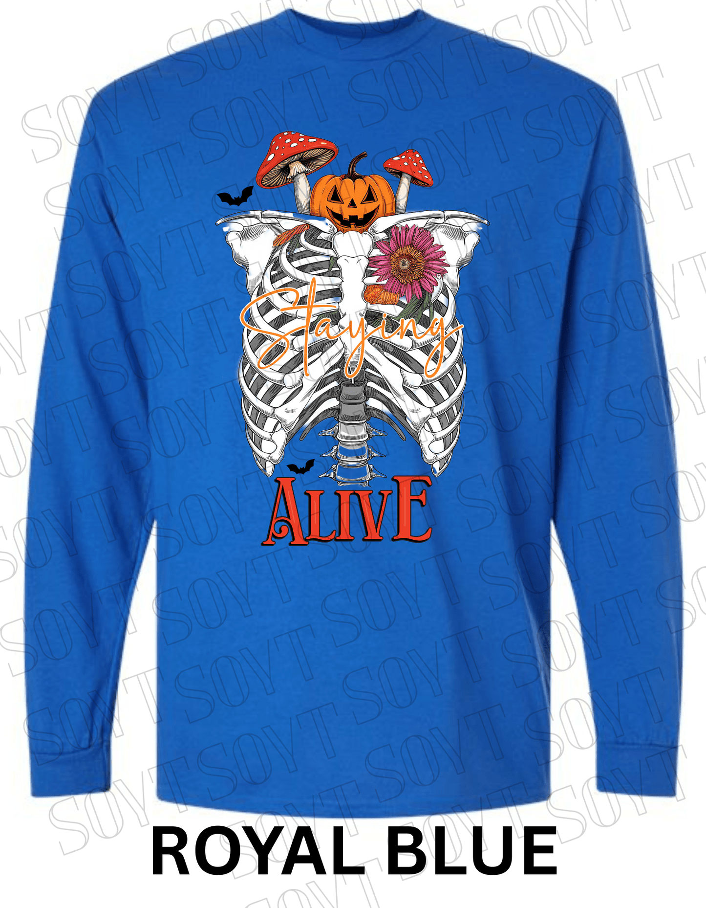 "Staying Alive" Long Sleeve Shirt – Skeleton Rib Cage with Pumpkin, Mushroom & Floral Halloween Graphic - Festive Apparel StoreRoyal Blue