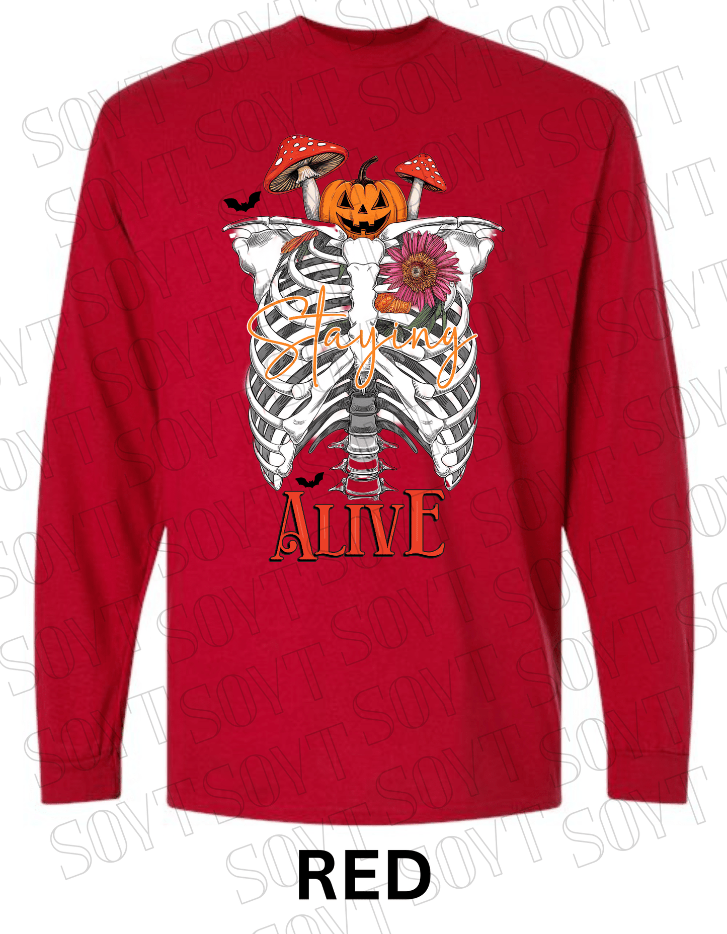 "Staying Alive" Long Sleeve Shirt – Skeleton Rib Cage with Pumpkin, Mushroom & Floral Halloween Graphic - Festive Apparel StoreRed