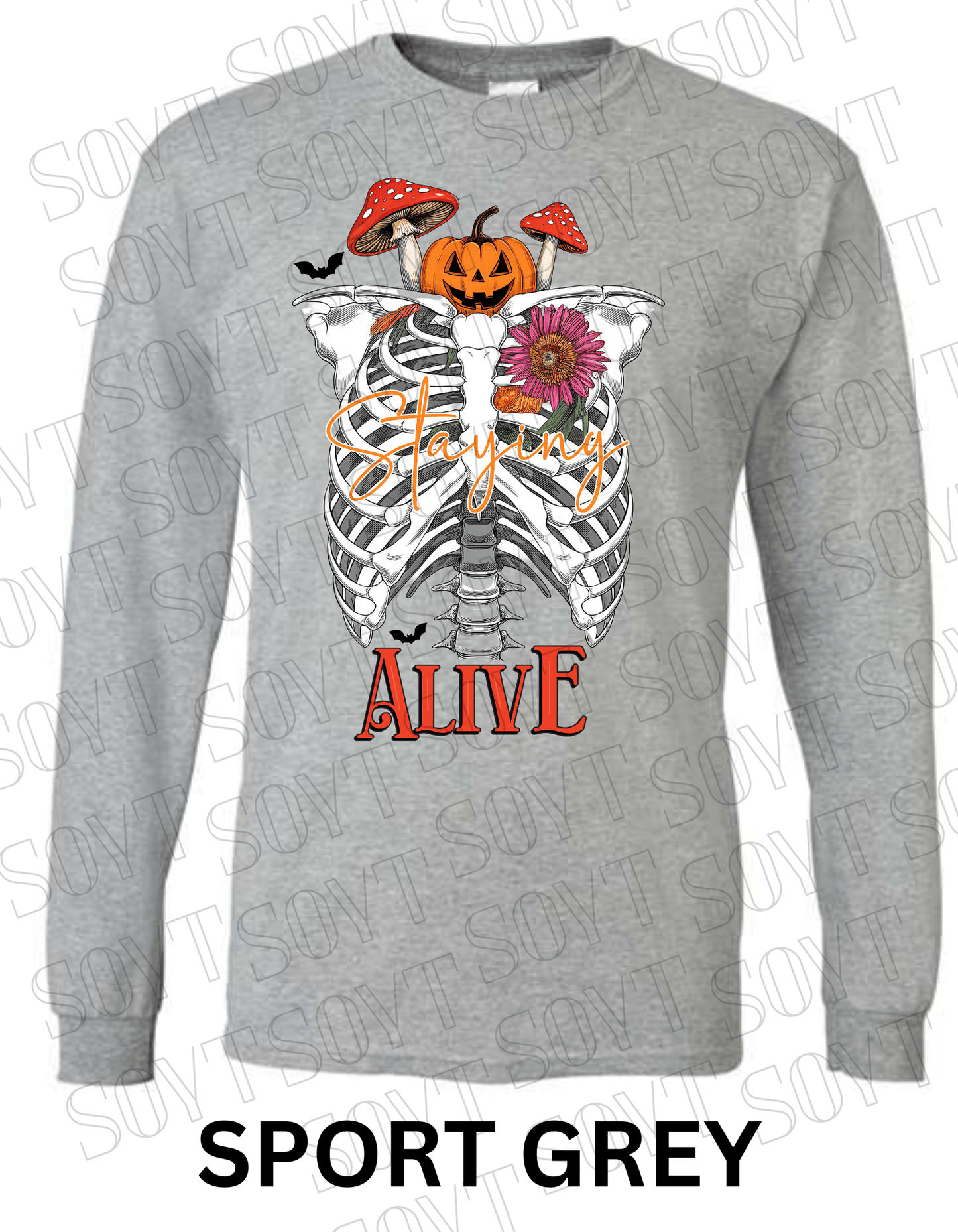 "Staying Alive" Long Sleeve Shirt – Skeleton Rib Cage with Pumpkin, Mushroom & Floral Halloween Graphic - Festive Apparel StoreSport Grey
