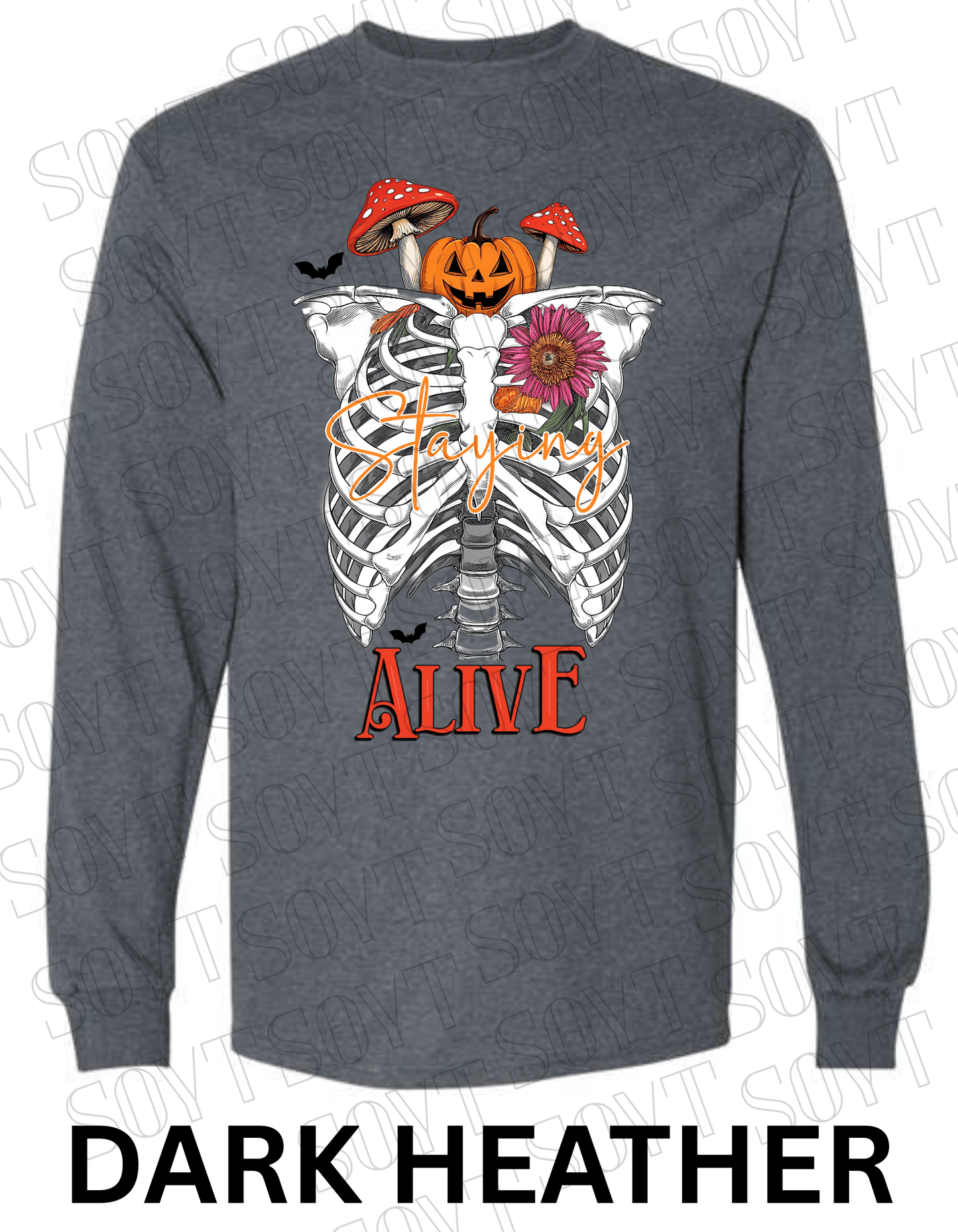 "Staying Alive" Long Sleeve Shirt – Skeleton Rib Cage with Pumpkin, Mushroom & Floral Halloween Graphic - Festive Apparel StoreDark Heather
