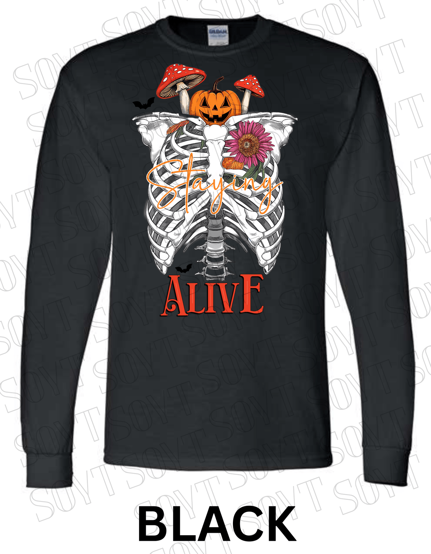 "Staying Alive" Long Sleeve Shirt – Skeleton Rib Cage with Pumpkin, Mushroom & Floral Halloween Graphic - Festive Apparel StoreBlack