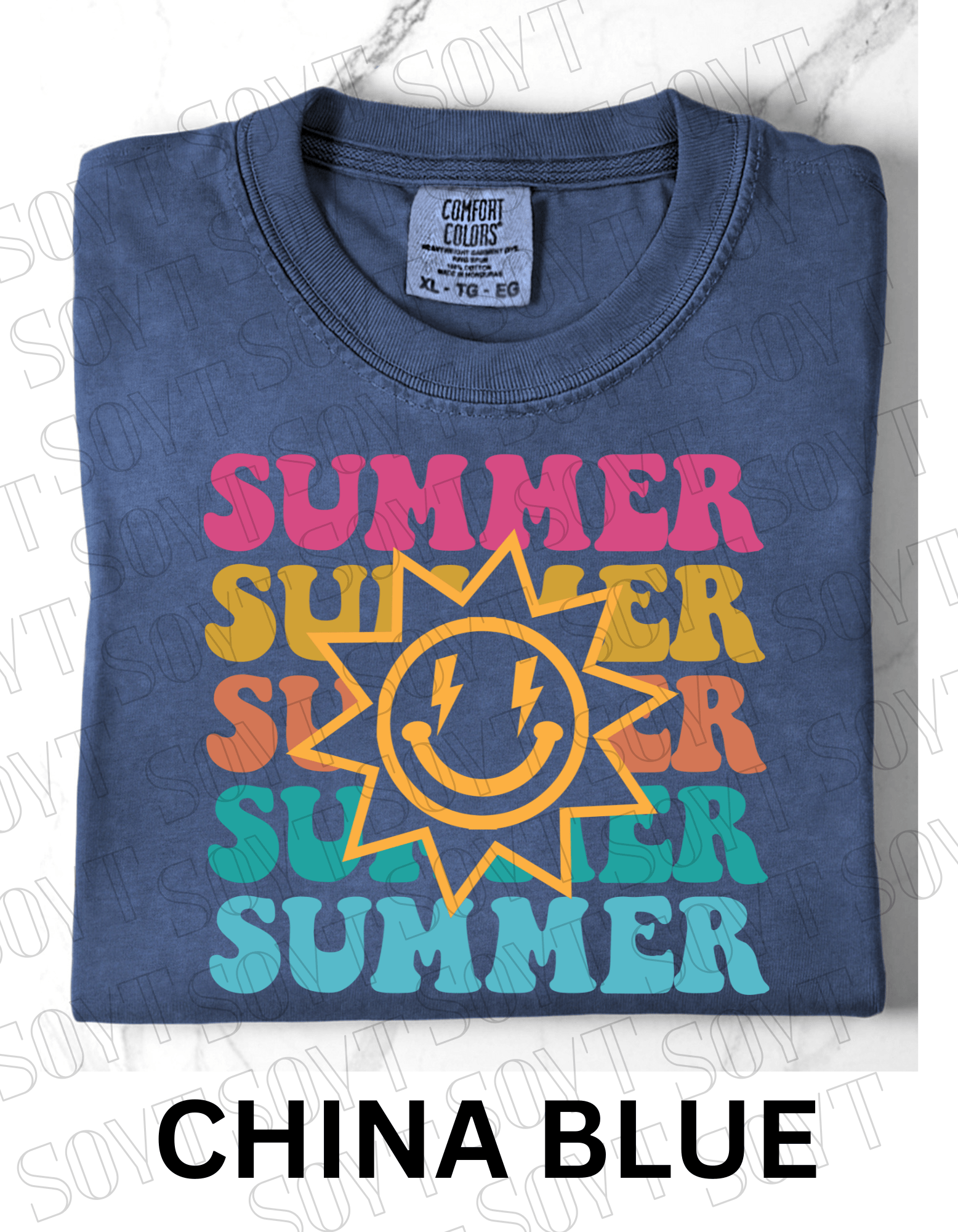 Summer Smiley Tee – Comfort Colors Camping Shirt - Festive Apparel StoreChina Blue