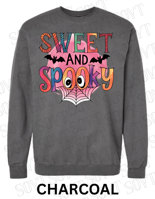 Sweet & Spooky Halloween Sweatshirt – Colorful Lettering with Spider Web, Eyes & Bat Accents - Festive Apparel StoreCharcoal