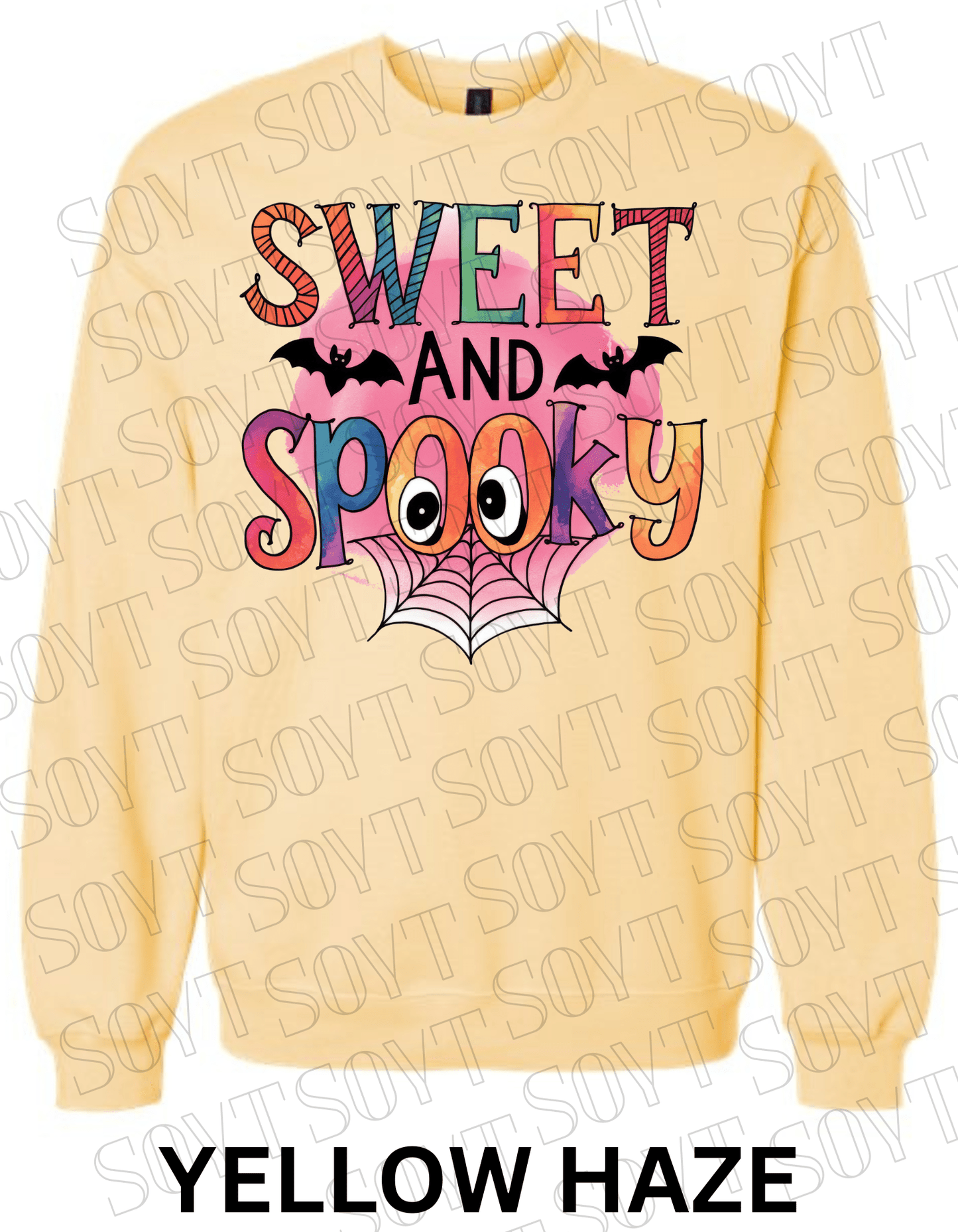 Sweet & Spooky Halloween Sweatshirt – Colorful Lettering with Spider Web, Eyes & Bat Accents - Festive Apparel StoreYellow Haze
