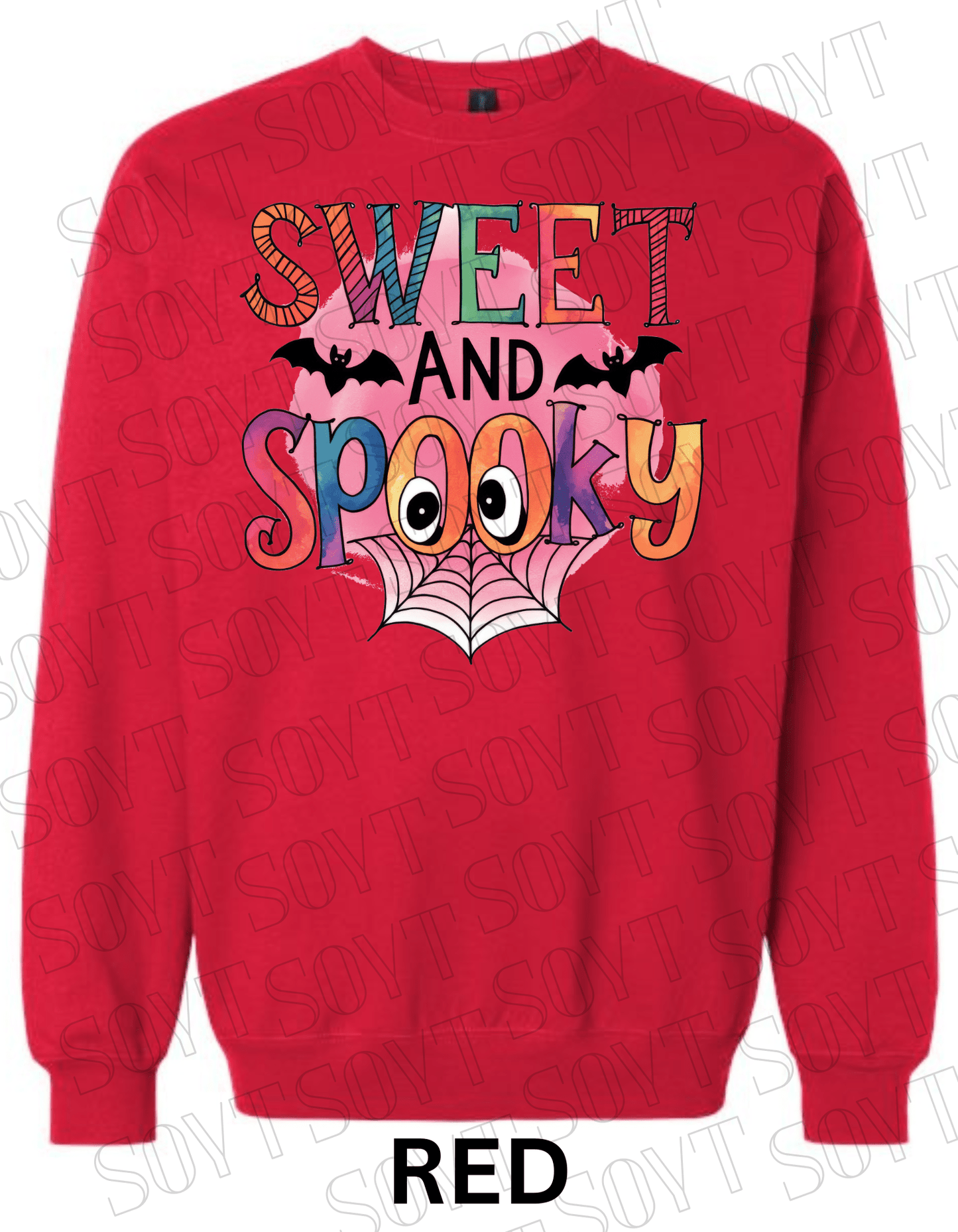 Sweet & Spooky Halloween Sweatshirt – Colorful Lettering with Spider Web, Eyes & Bat Accents - Festive Apparel StoreRed