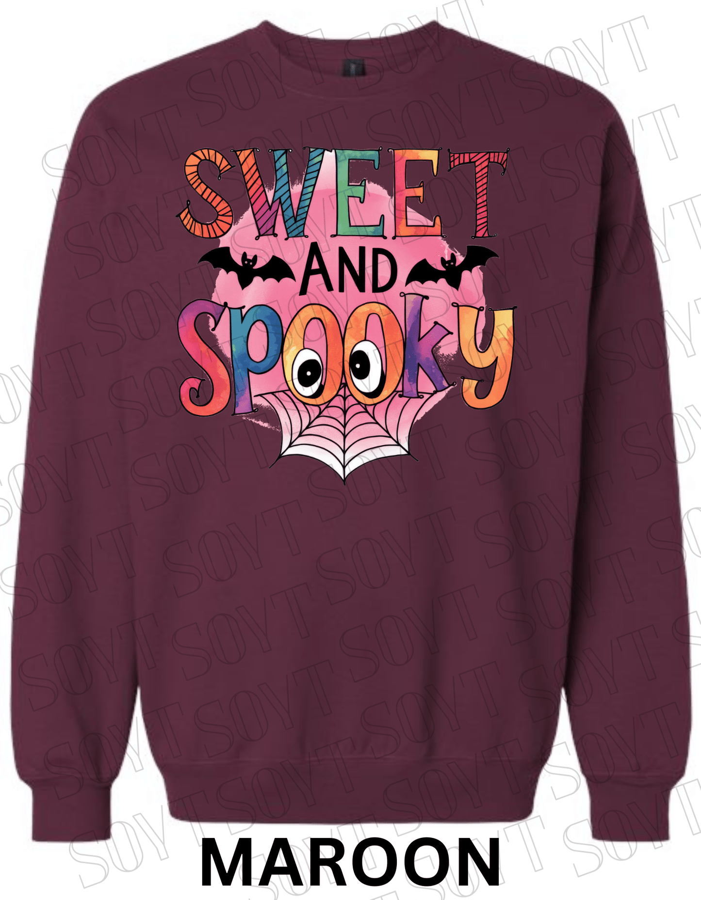 Sweet & Spooky Halloween Sweatshirt – Colorful Lettering with Spider Web, Eyes & Bat Accents - Festive Apparel StoreMaroon