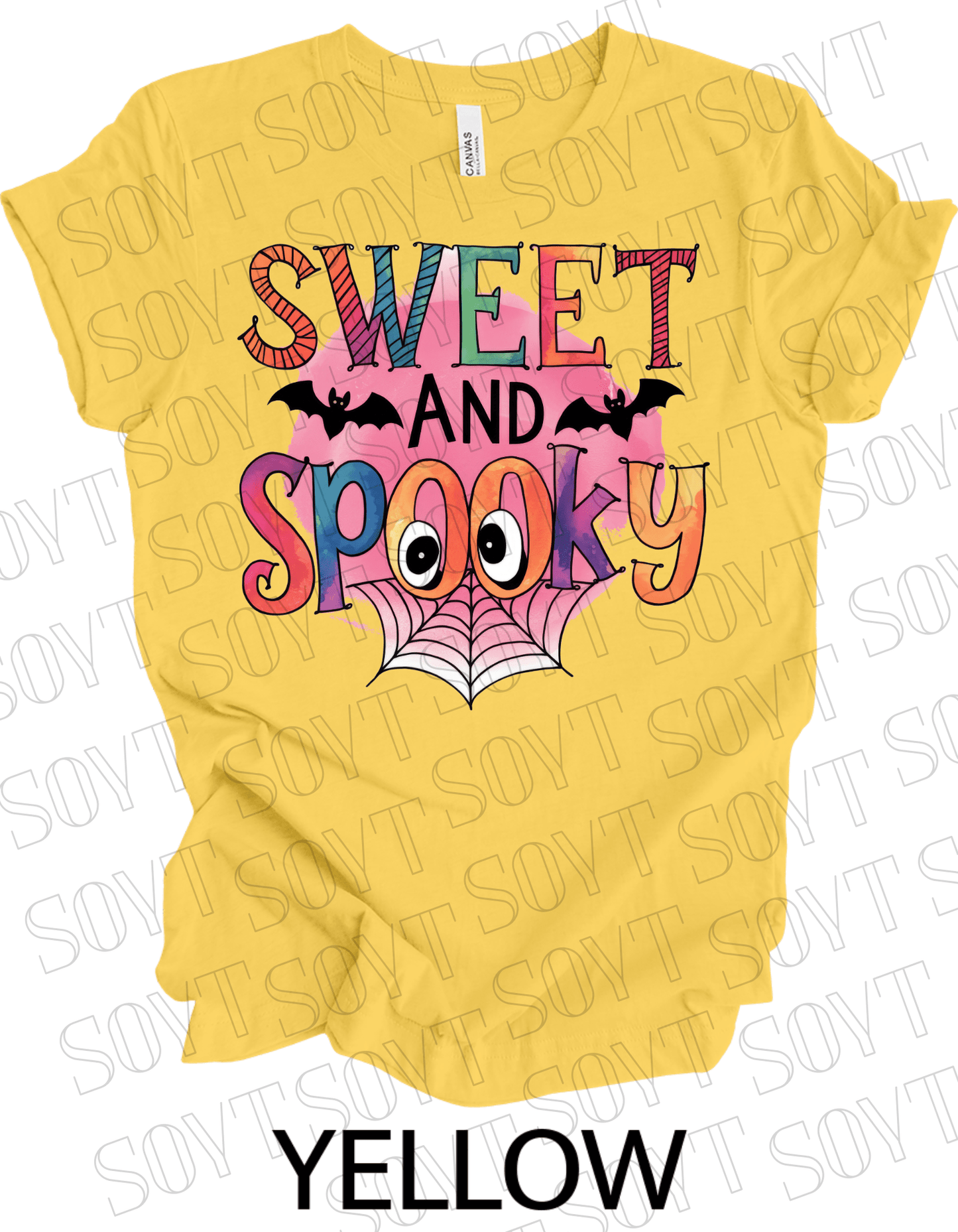 Sweet & Spooky Halloween T-Shirt – Cute Spider Web Lettering Graphic Tee - Festive Apparel StoreYellow