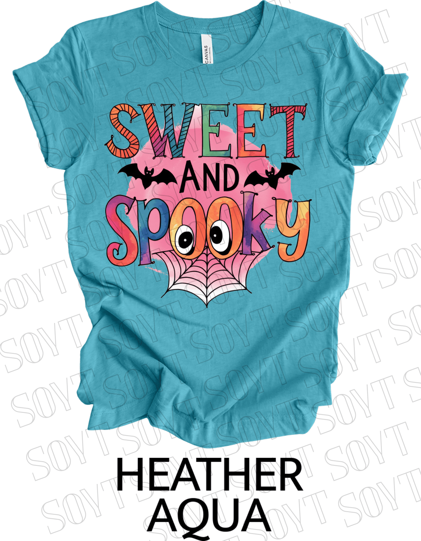 Sweet & Spooky Halloween T-Shirt – Cute Spider Web Lettering Graphic Tee - Festive Apparel StoreHeather Aqua