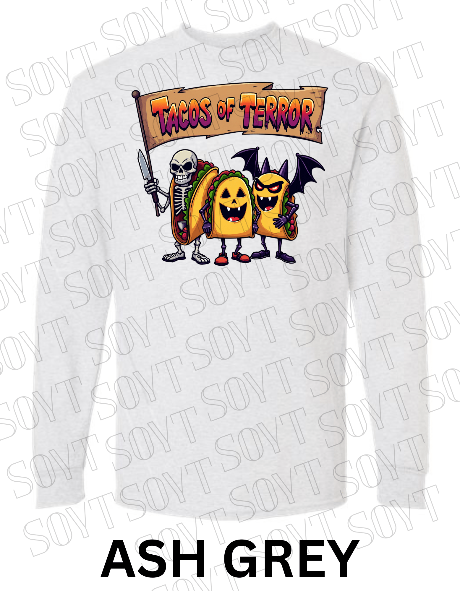 Tacos of Terror Halloween Long Sleeve Shirt – Skeleton & Spooky Taco Trio Graphic Tee - Festive Apparel StoreAsh Gray