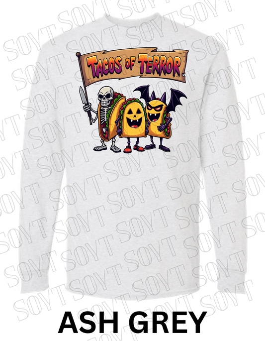 Tacos of Terror Halloween Long Sleeve Shirt – Skeleton & Spooky Taco Trio Graphic Tee - Festive Apparel StoreAsh Gray