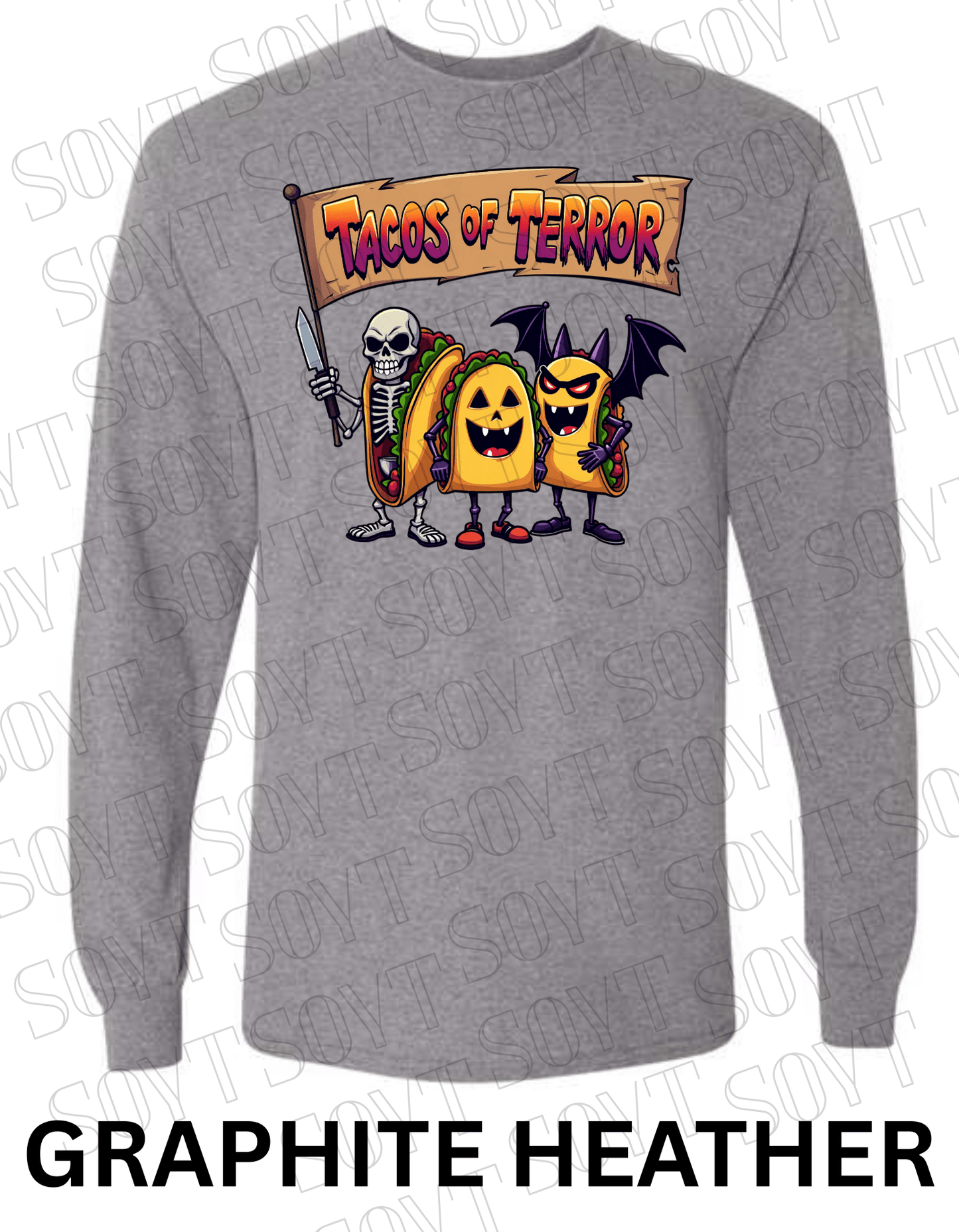 Tacos of Terror Halloween Long Sleeve Shirt – Skeleton & Spooky Taco Trio Graphic Tee - Festive Apparel StoreGraphite Heather