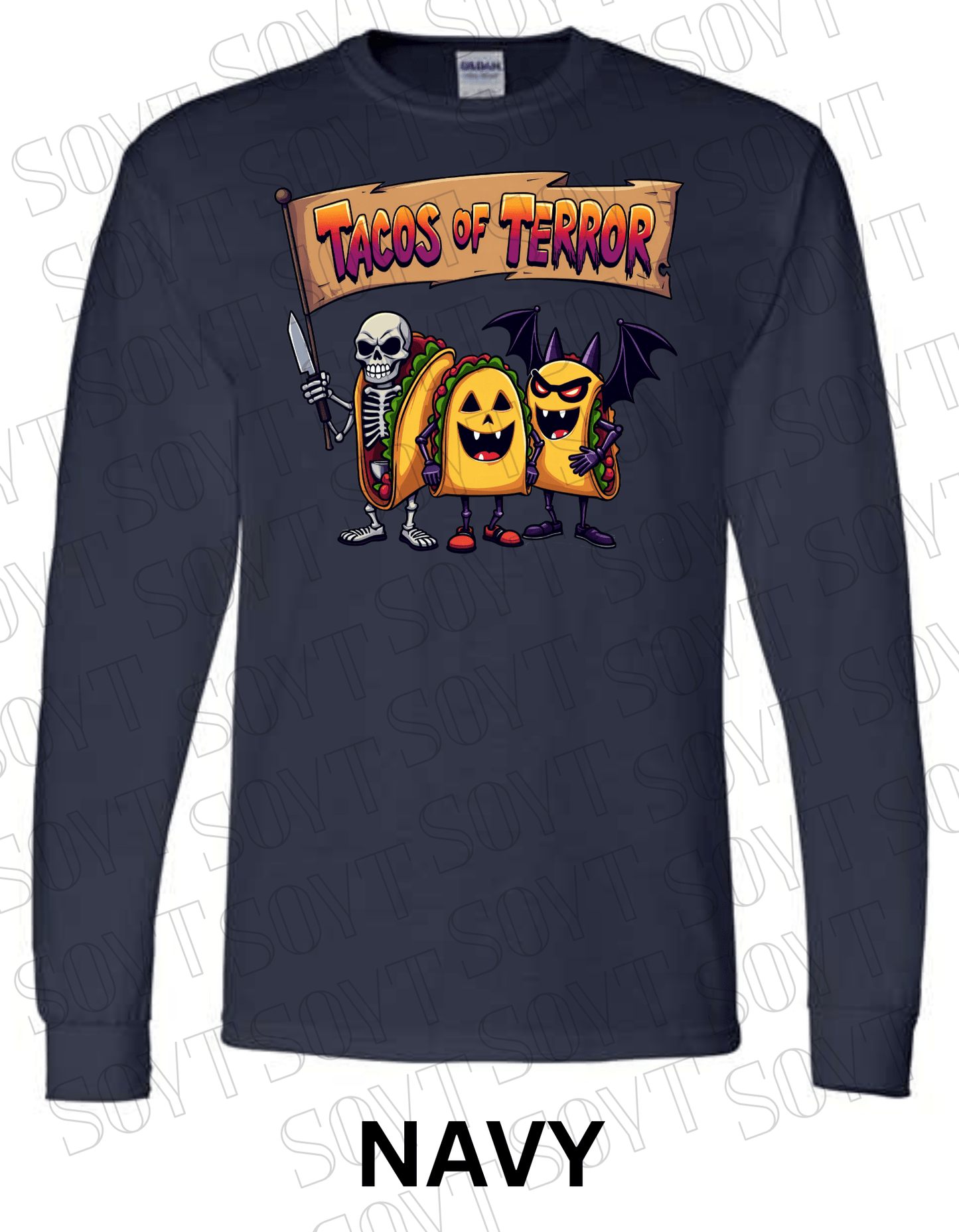 Tacos of Terror Halloween Long Sleeve Shirt – Skeleton & Spooky Taco Trio Graphic Tee - Festive Apparel StoreNavy Blue