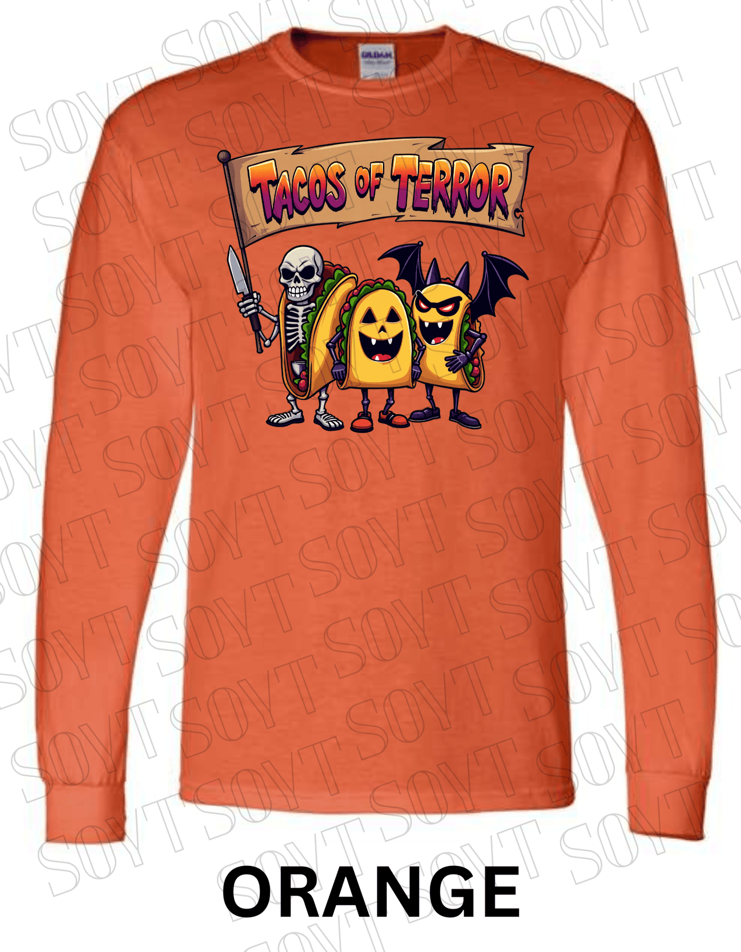 Tacos of Terror Halloween Long Sleeve Shirt – Skeleton & Spooky Taco Trio Graphic Tee - Festive Apparel StoreOrange