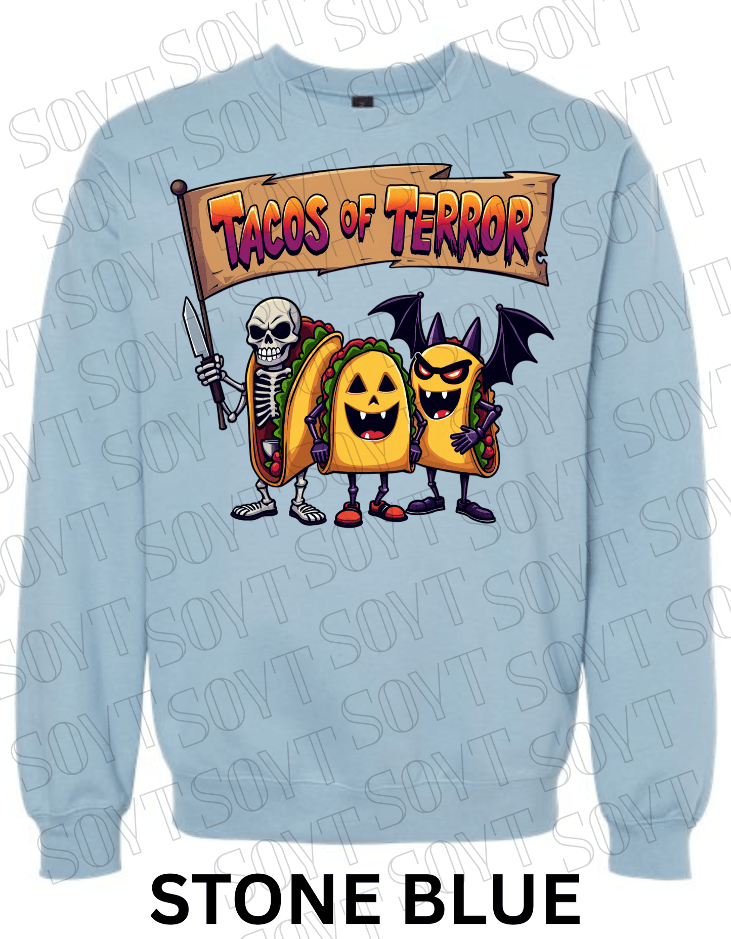 Tacos of Terror Halloween Sweatshirt – Skeleton & Spooky Taco Graphic Pullover - Festive Apparel StoreStone Blue