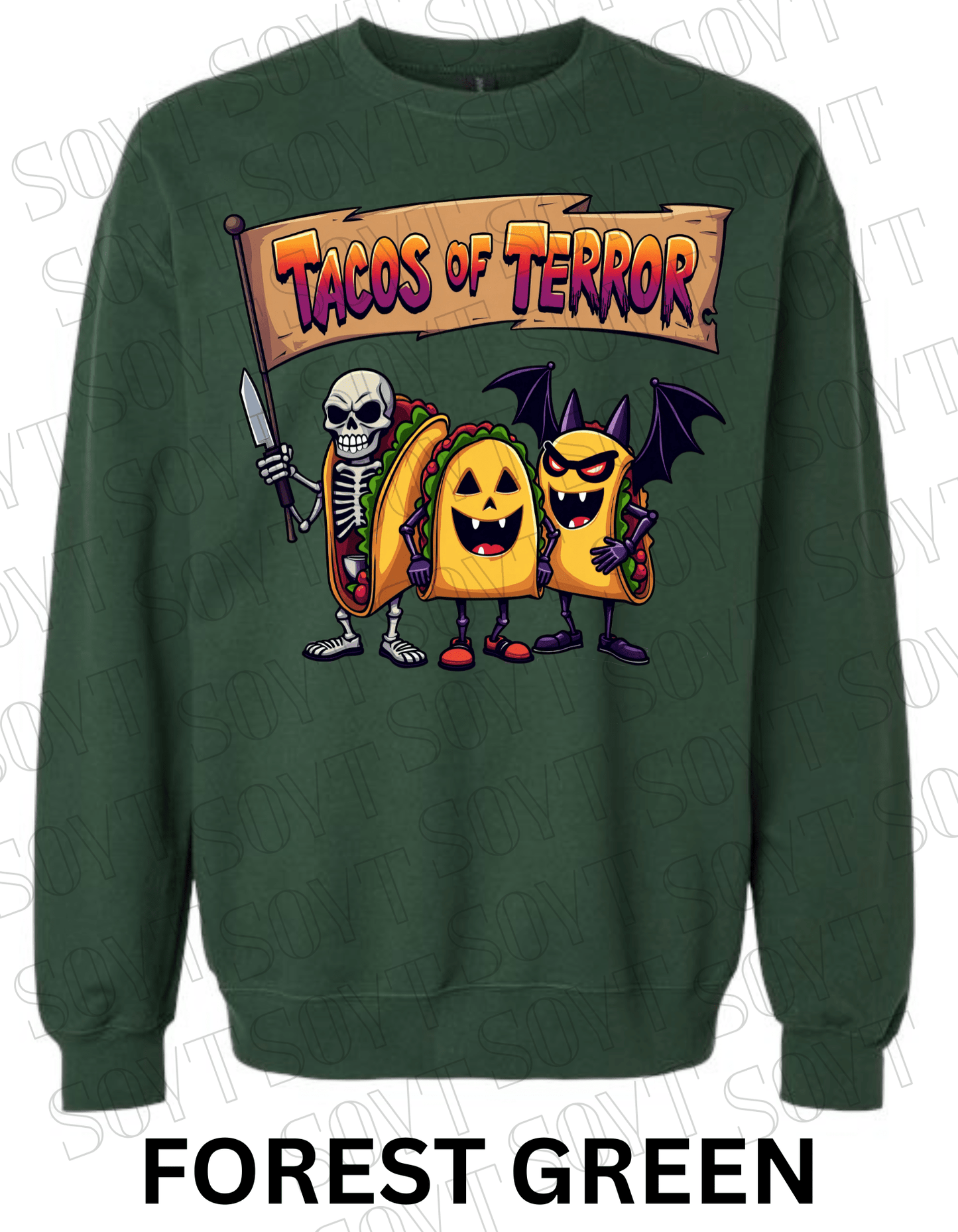 Tacos of Terror Halloween Sweatshirt – Skeleton & Spooky Taco Graphic Pullover - Festive Apparel StoreForest Green