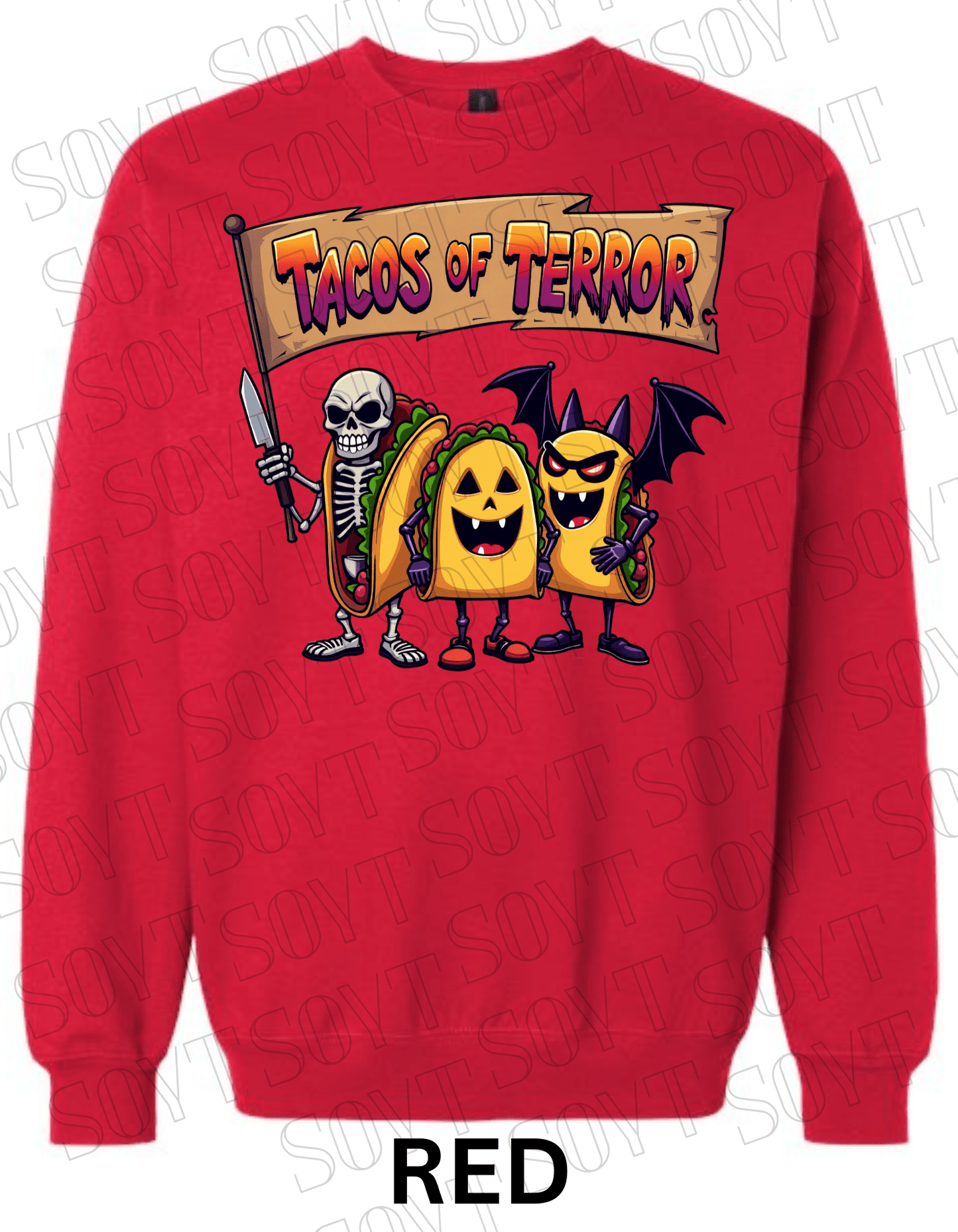 Tacos of Terror Halloween Sweatshirt – Skeleton & Spooky Taco Graphic Pullover - Festive Apparel StoreRed