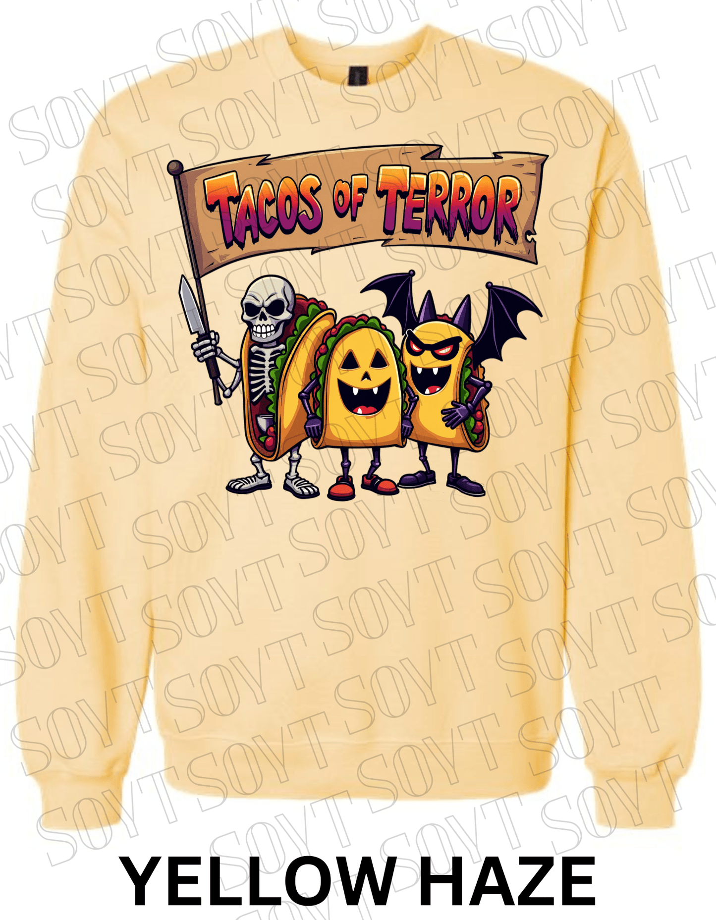 Tacos of Terror Halloween Sweatshirt – Skeleton & Spooky Taco Graphic Pullover - Festive Apparel StoreYellow Haze
