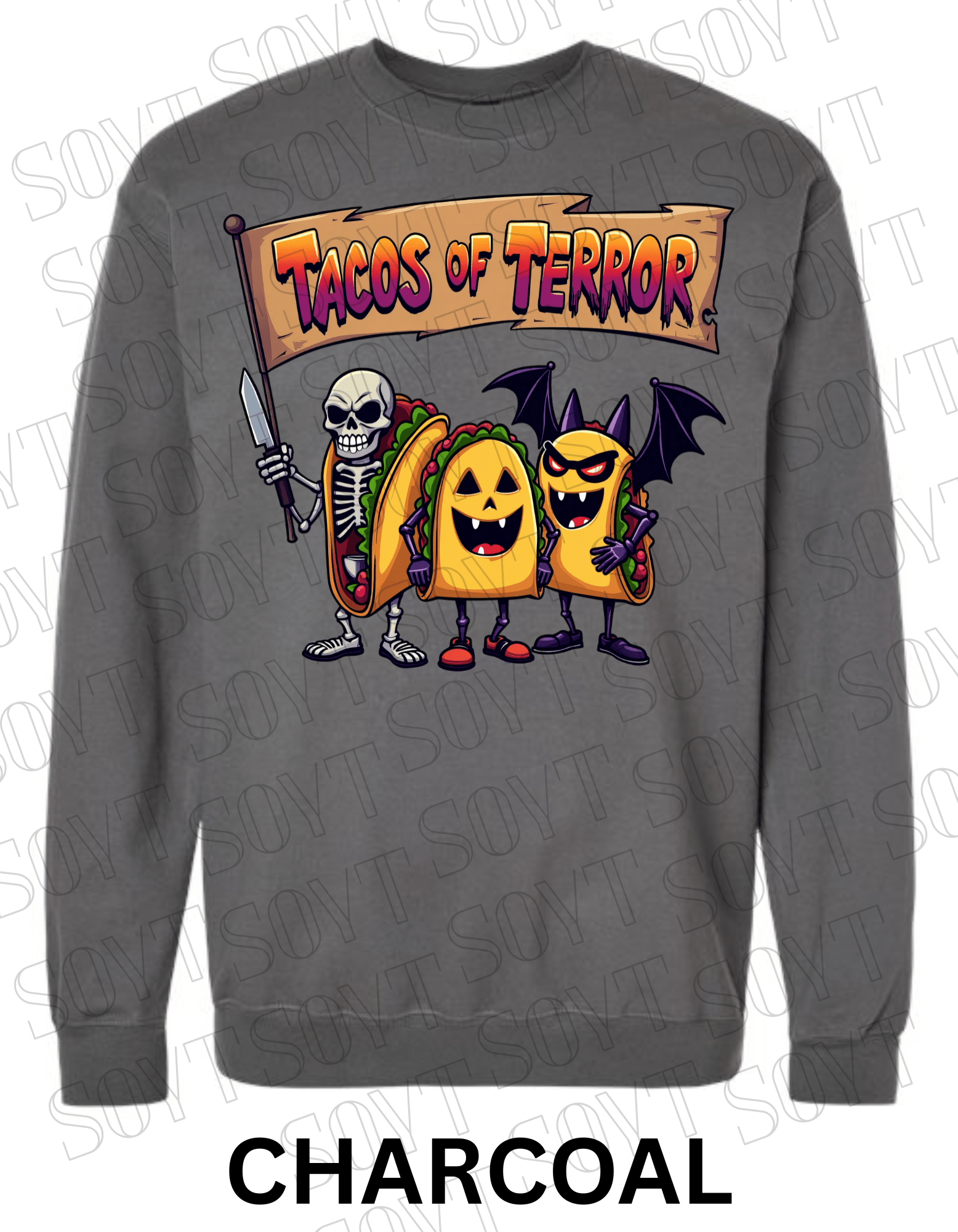 Tacos of Terror Halloween Sweatshirt – Skeleton & Spooky Taco Graphic Pullover - Festive Apparel StoreCharcoal