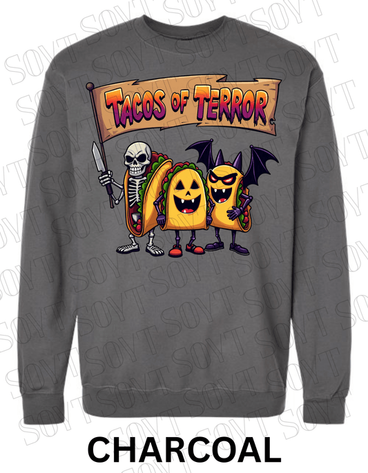 Tacos of Terror Halloween Sweatshirt – Skeleton & Spooky Taco Graphic Pullover - Festive Apparel StoreCharcoal
