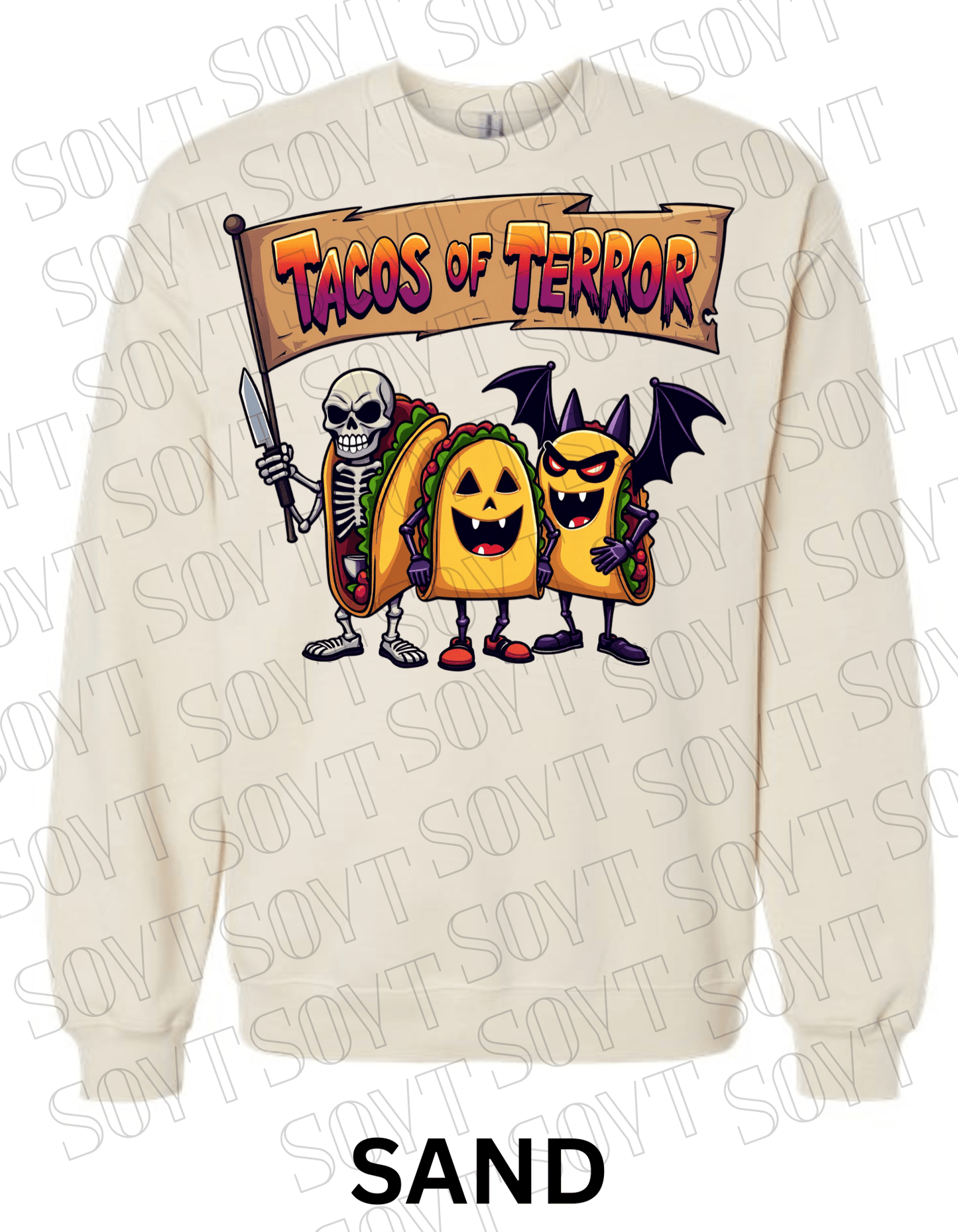Tacos of Terror Halloween Sweatshirt – Skeleton & Spooky Taco Graphic Pullover - Festive Apparel StoreSand
