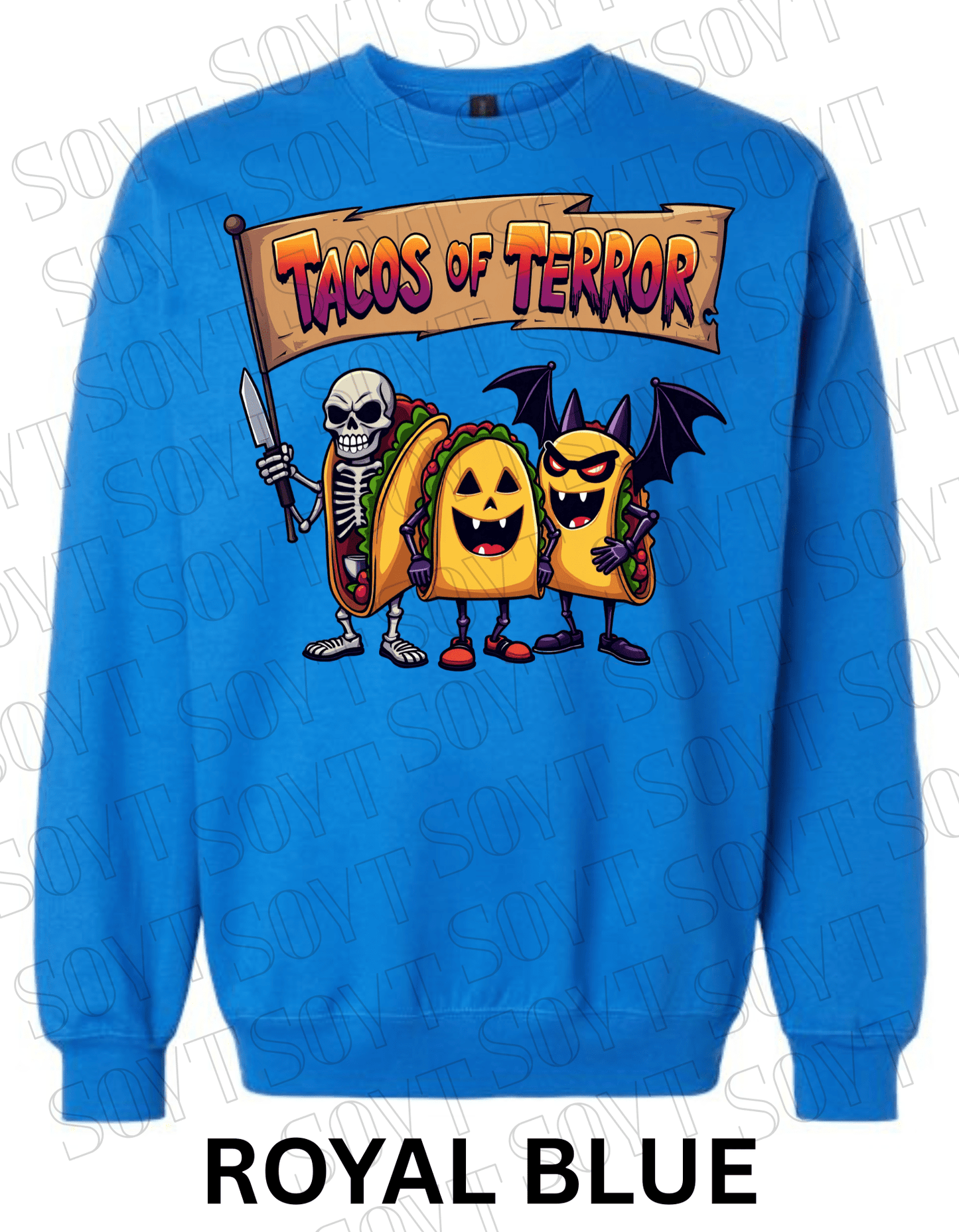 Tacos of Terror Halloween Sweatshirt – Skeleton & Spooky Taco Graphic Pullover - Festive Apparel StoreRoyal Blue