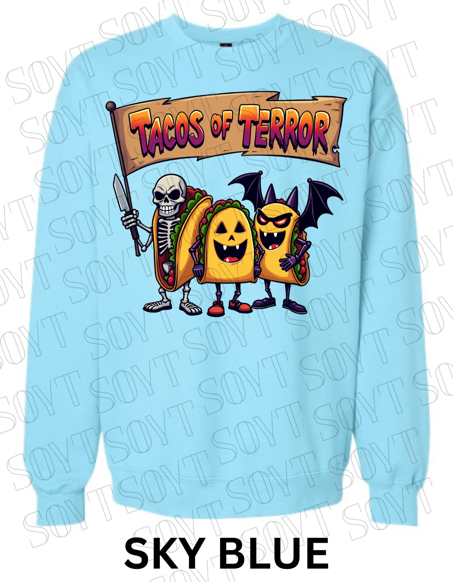 Tacos of Terror Halloween Sweatshirt – Skeleton & Spooky Taco Graphic Pullover - Festive Apparel StoreSky Blue