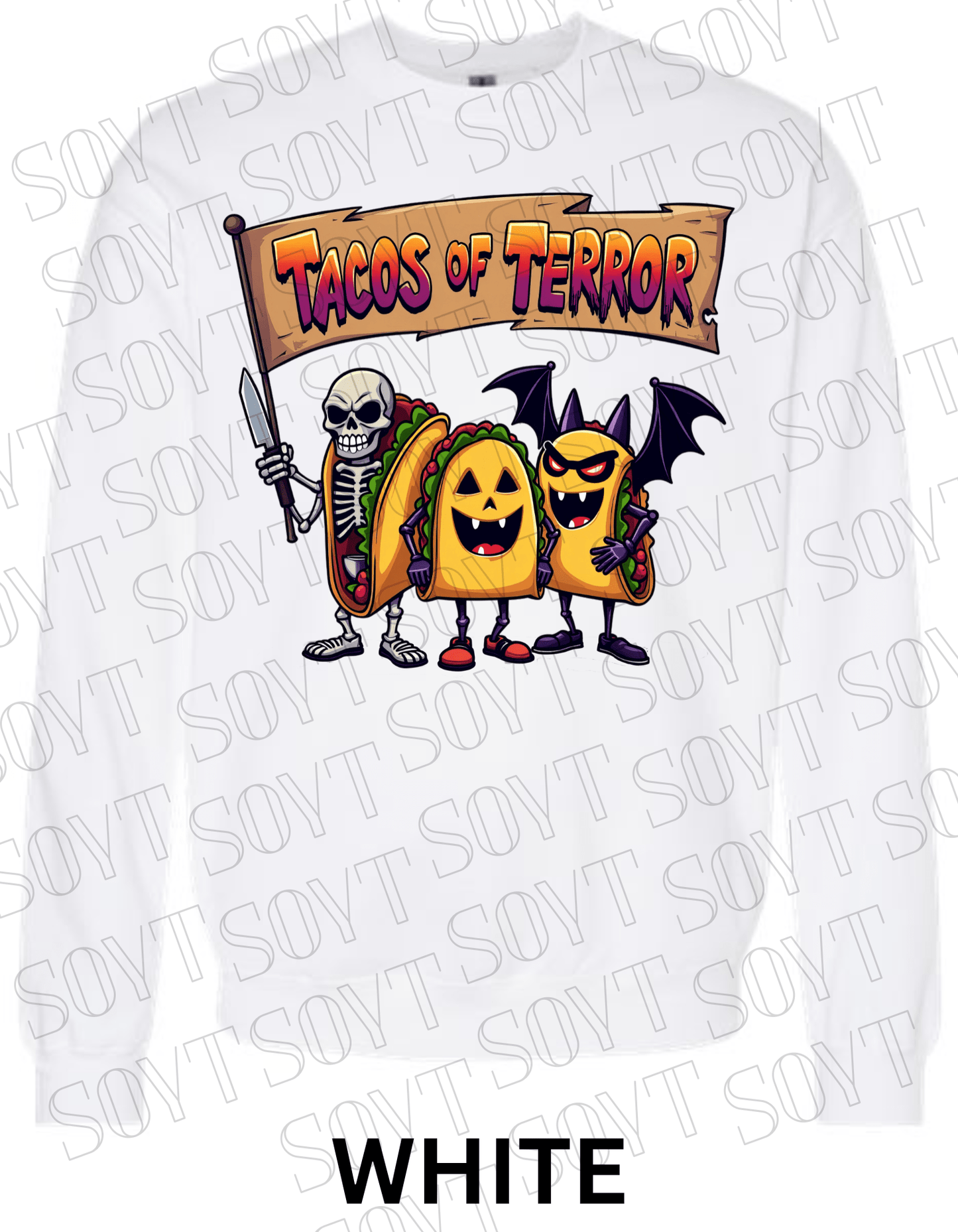 Tacos of Terror Halloween Sweatshirt – Skeleton & Spooky Taco Graphic Pullover - Festive Apparel StoreWhite