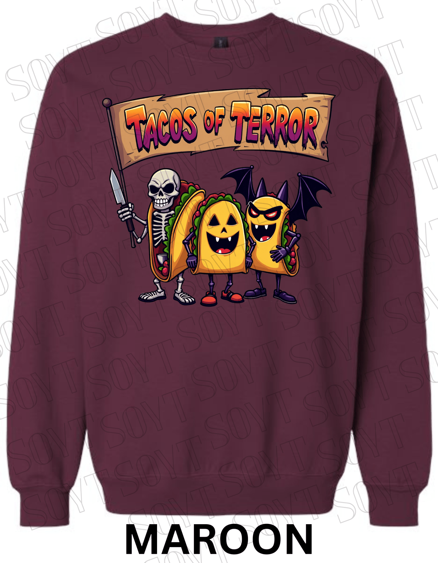 Tacos of Terror Halloween Sweatshirt – Skeleton & Spooky Taco Graphic Pullover - Festive Apparel StoreMaroon