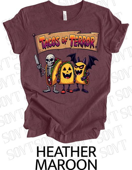 Tacos of Terror Halloween T-Shirt – Skeleton & Spooky Taco Graphic Tee - Festive Apparel StoreHeather Maroon