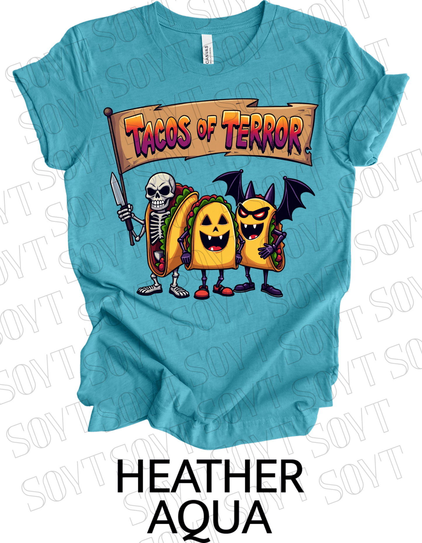 Tacos of Terror Halloween T-Shirt – Skeleton & Spooky Taco Graphic Tee - Festive Apparel StoreHeather Aqua