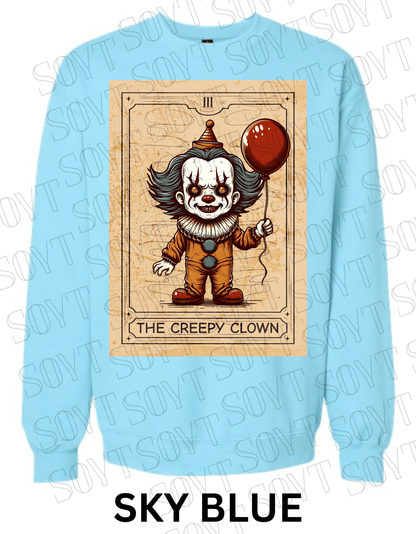 "The Creepy Clown" Halloween Sweatshirt – Tarot - Inspired Pennywise Horror Pullover - Festive Apparel StoreSky Blue