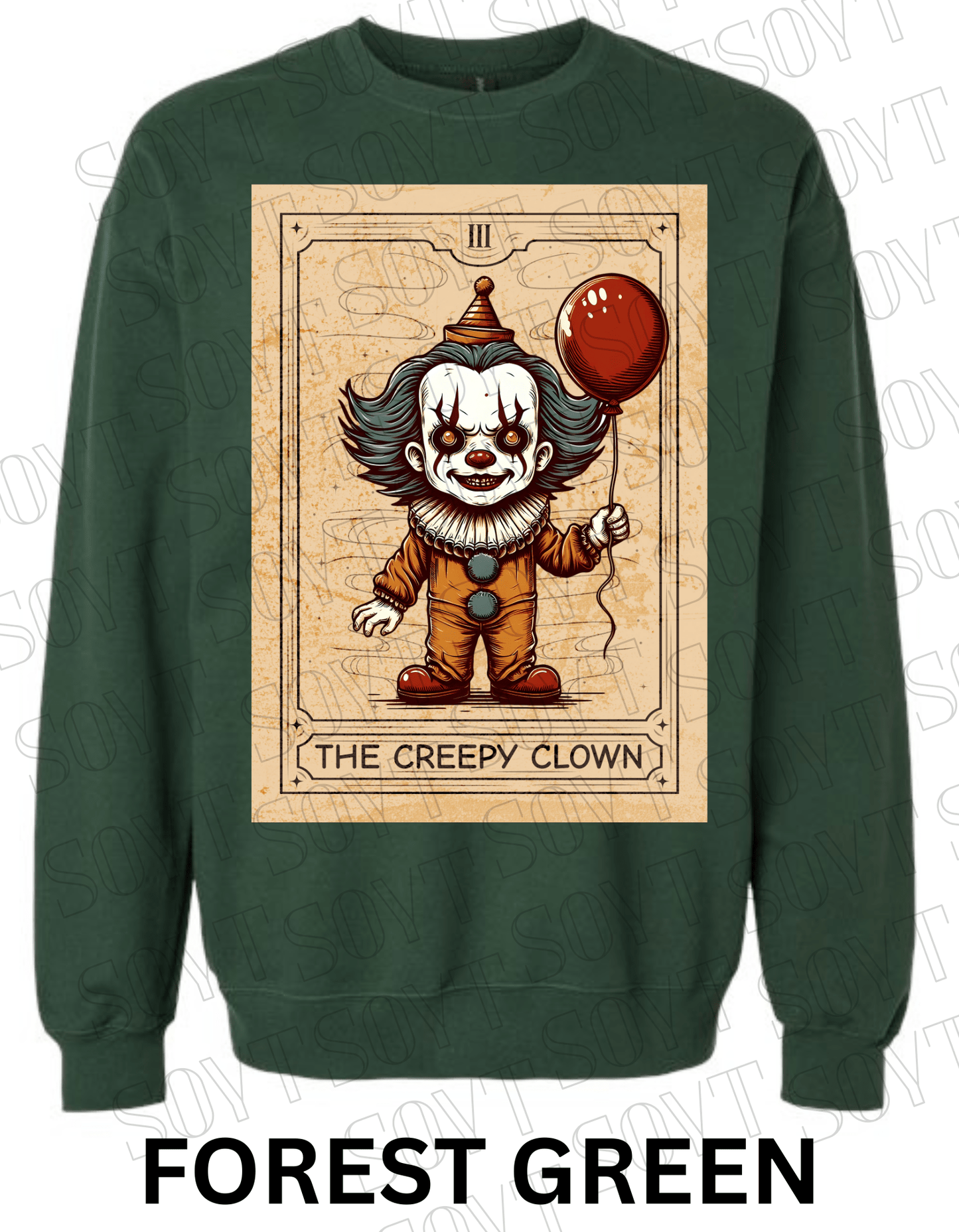 "The Creepy Clown" Halloween Sweatshirt – Tarot - Inspired Pennywise Horror Pullover - Festive Apparel StoreForest Green