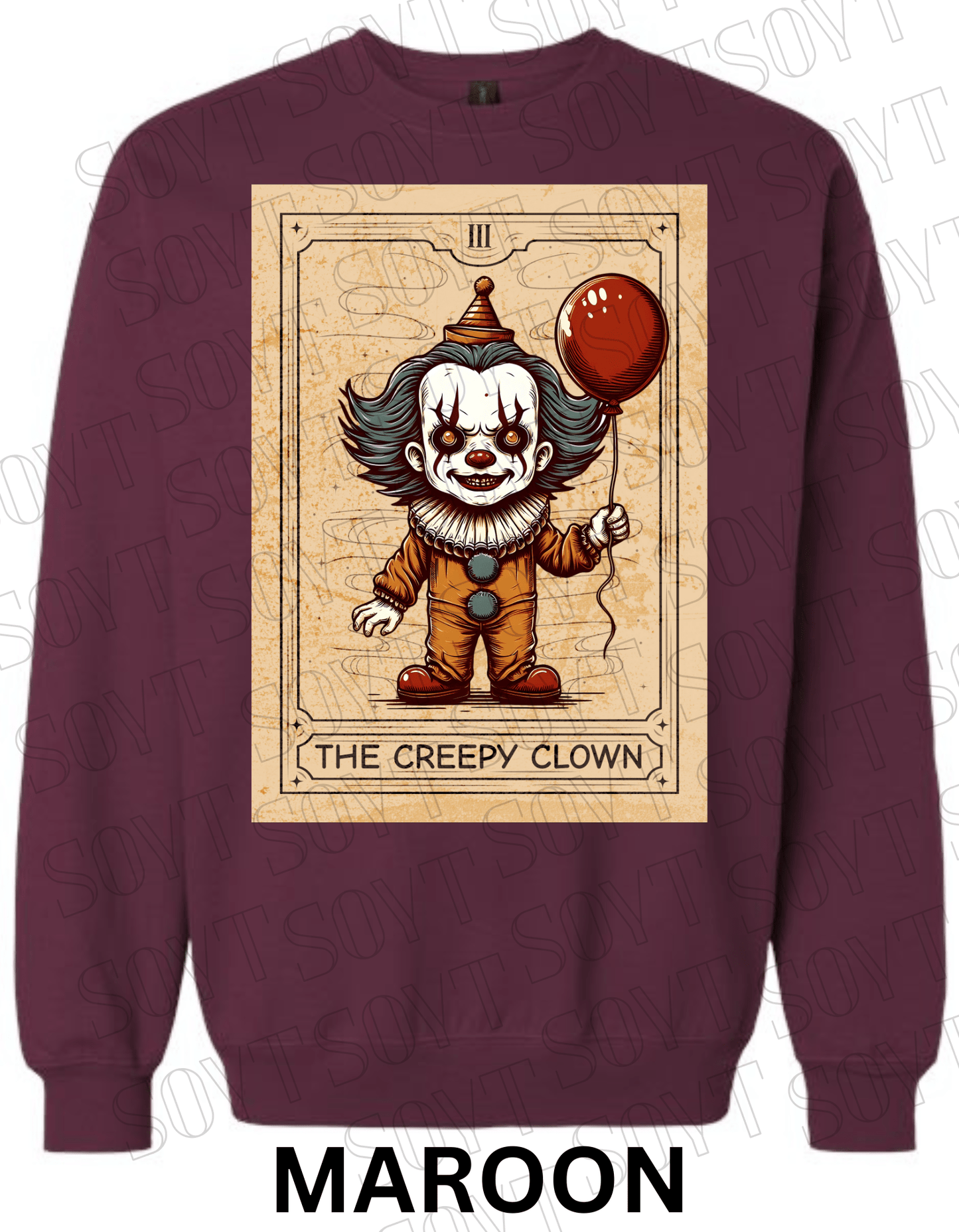 "The Creepy Clown" Halloween Sweatshirt – Tarot - Inspired Pennywise Horror Pullover - Festive Apparel StoreMaroon