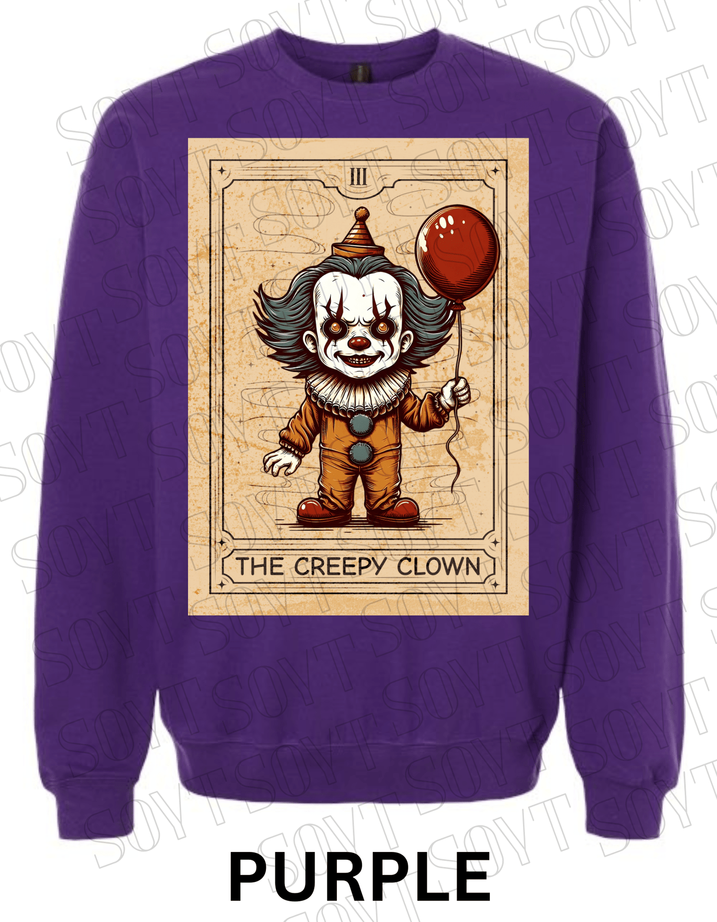 "The Creepy Clown" Halloween Sweatshirt – Tarot - Inspired Pennywise Horror Pullover - Festive Apparel StorePurple