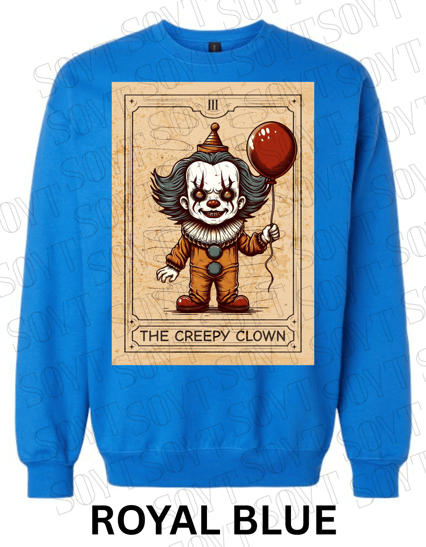 "The Creepy Clown" Halloween Sweatshirt – Tarot - Inspired Pennywise Horror Pullover - Festive Apparel StoreRoyal Blue