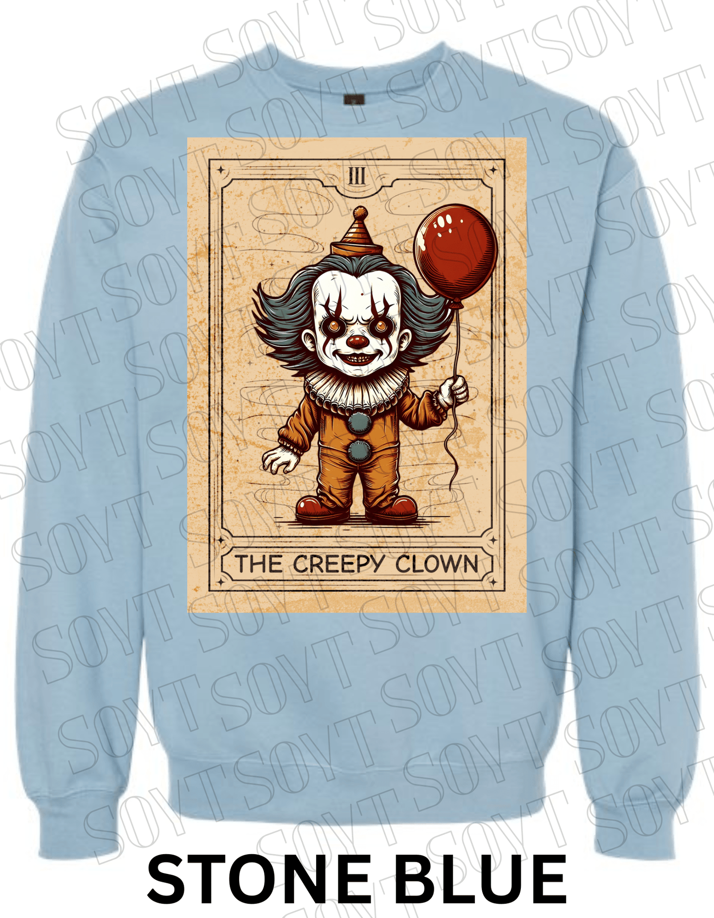 "The Creepy Clown" Halloween Sweatshirt – Tarot - Inspired Pennywise Horror Pullover - Festive Apparel StoreStone Blue
